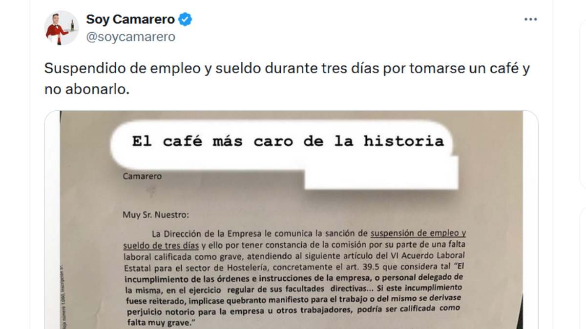 Captura del tuit de la cuenta Soy Camarero.
