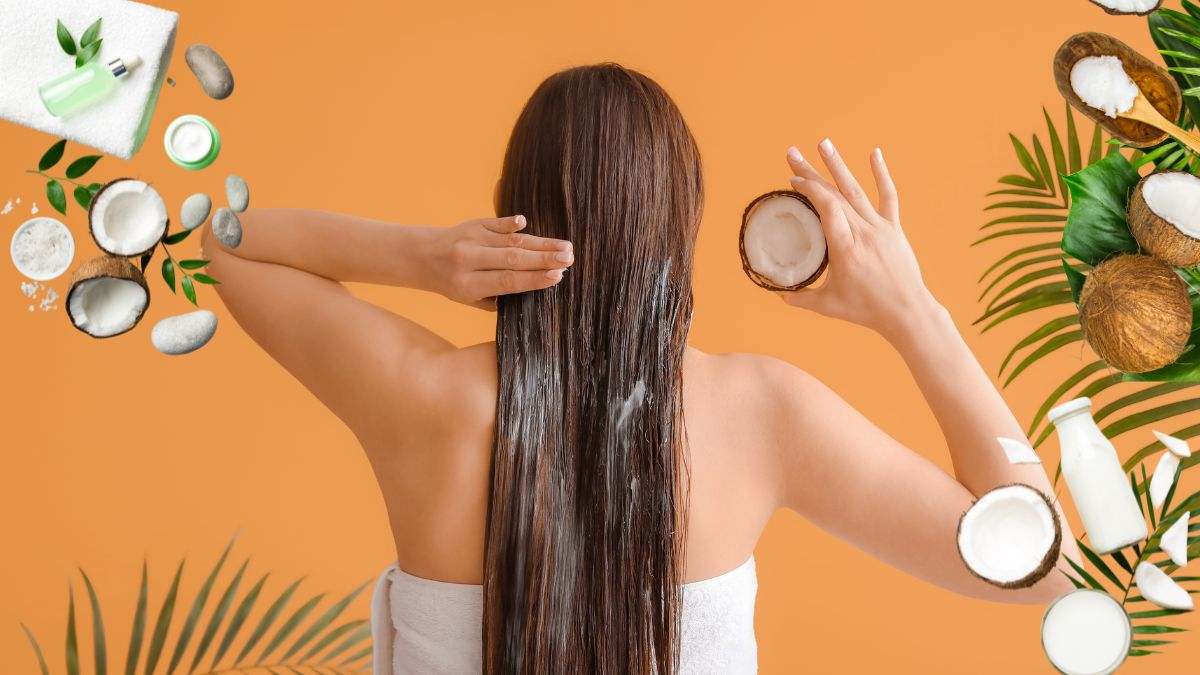 Chica aplicándose aceite de coco en el pelo