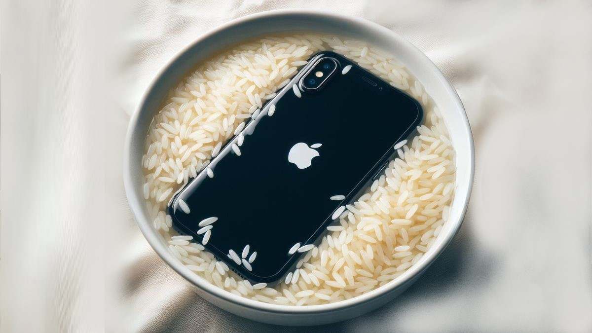 iPhone dentro de un bol de arroz