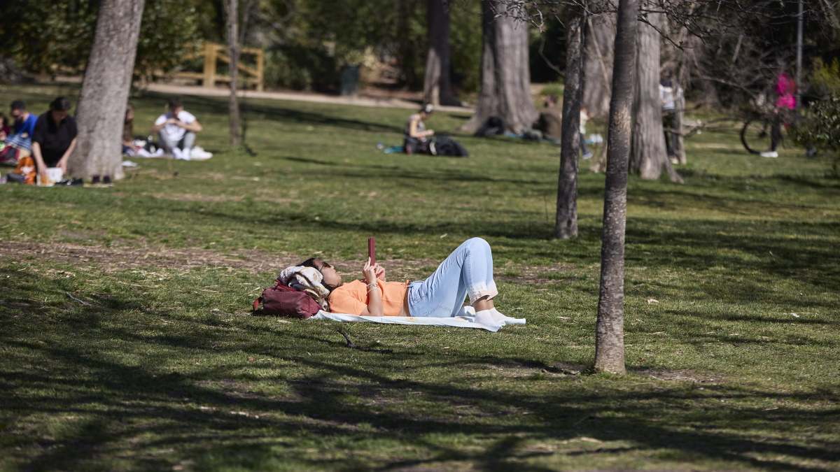 Una persona tomando el sol tumbada en un parque de Madrid.