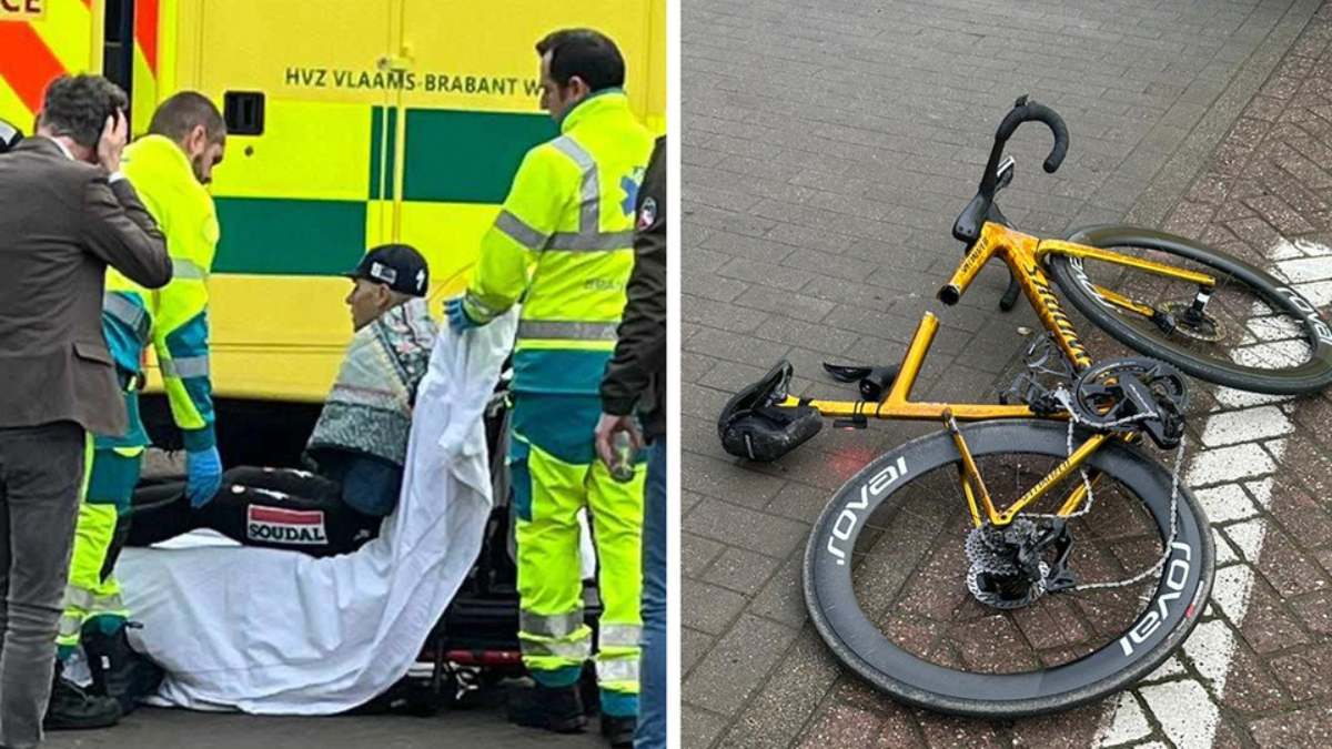 Bicicleta de Remco Evenepoel tras el accidente. Foto: Het Nieuwsblad.