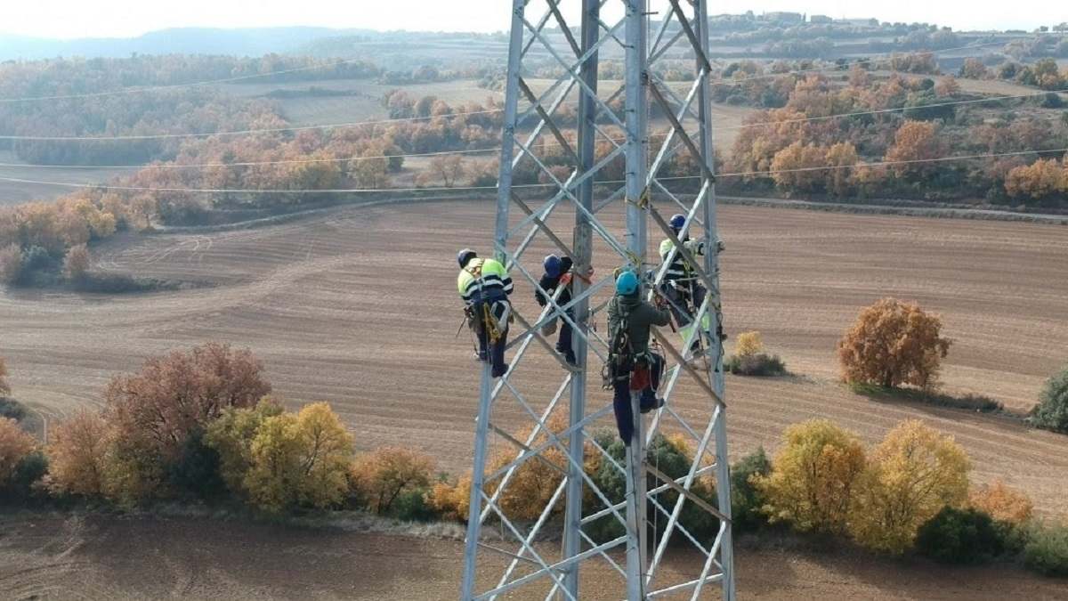 Técnicos de Endesa trabajando en una red de alta tensión. EE