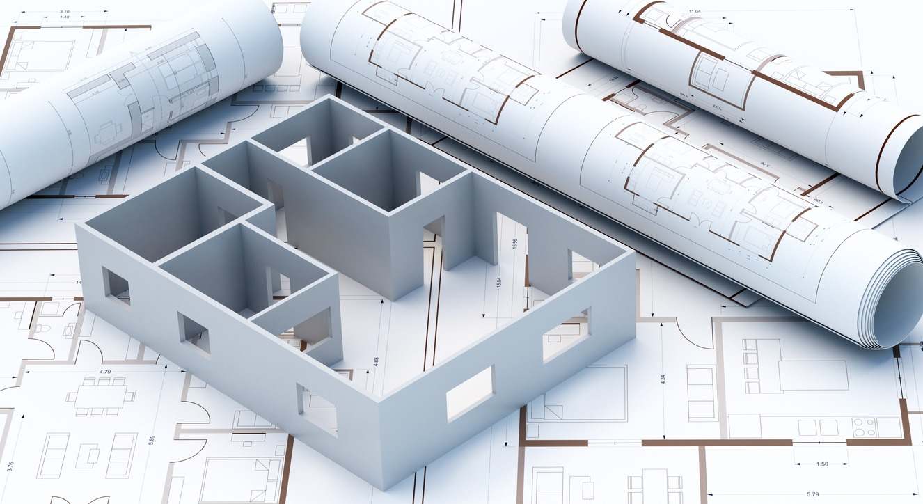 Concepto de proyecto de construcción. Fondo del plano de arquitectura, ilustración 3D