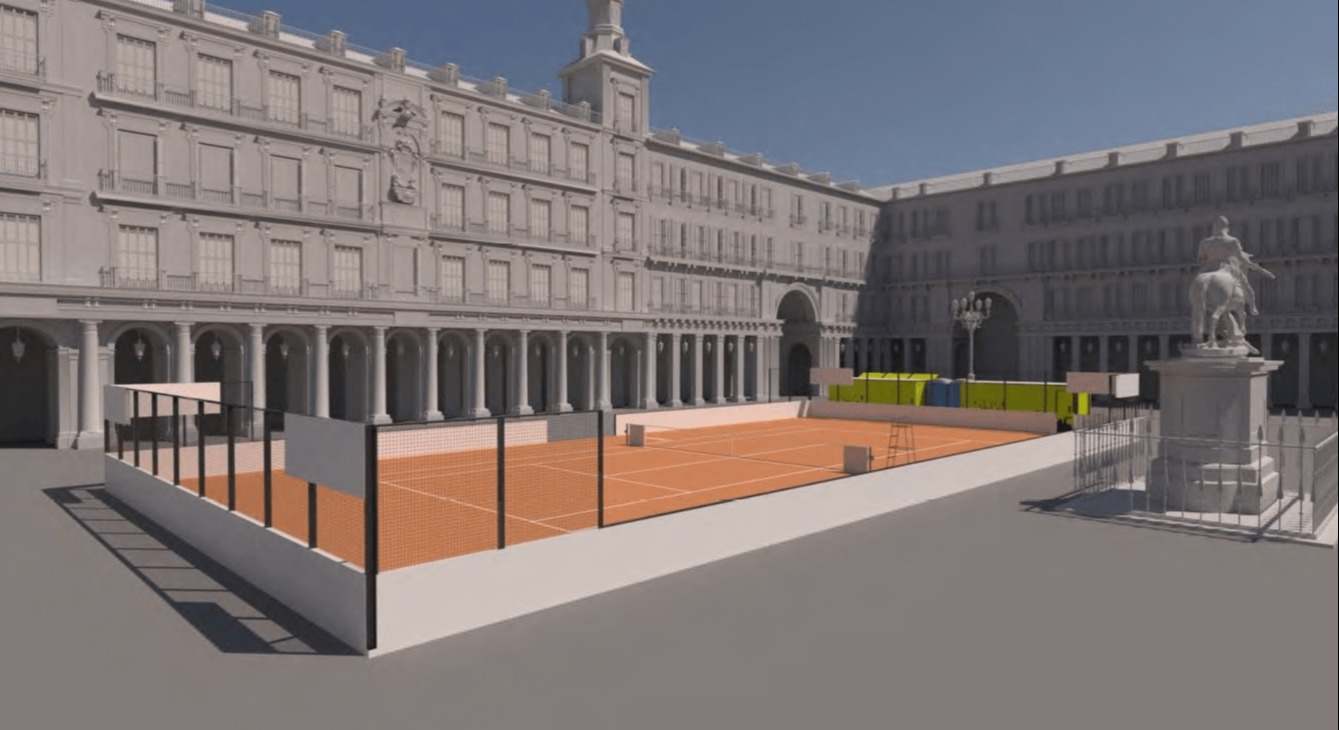 Ilustración de la instalación de la pista de tierra batida de la Plaza Mayor de Madrid