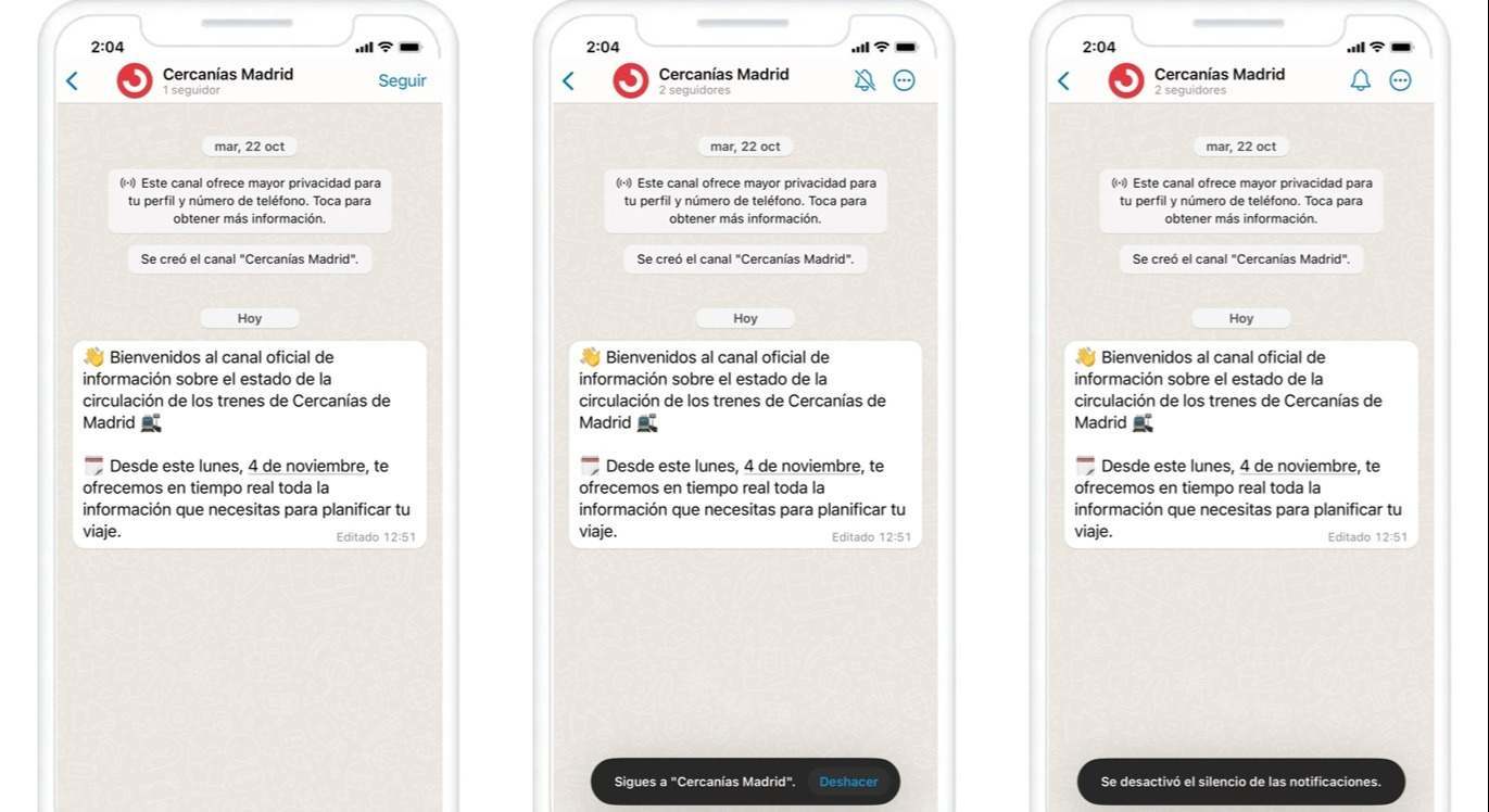 Capturas del whatsapp de Cercanías Madrid. / Renfe