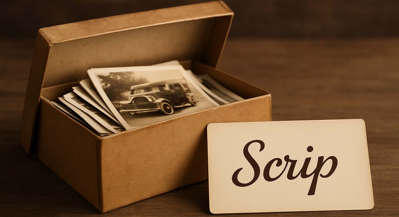 Una caja de fotos del pasado con una foto que pone Scrip