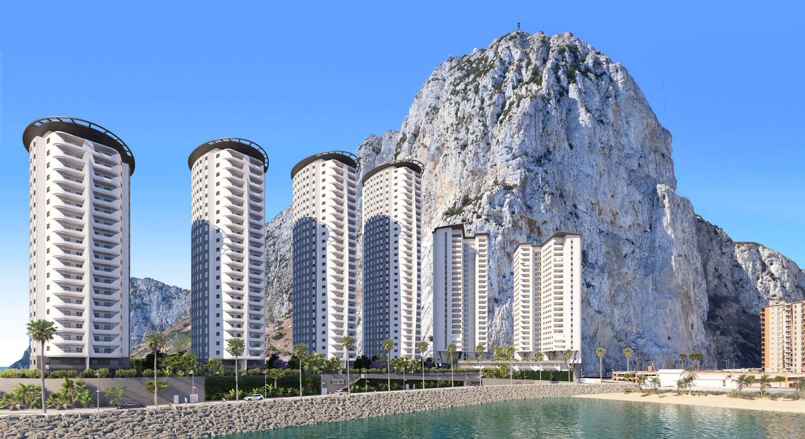 Ilustración de los seis edificios construidos en Gibraltar