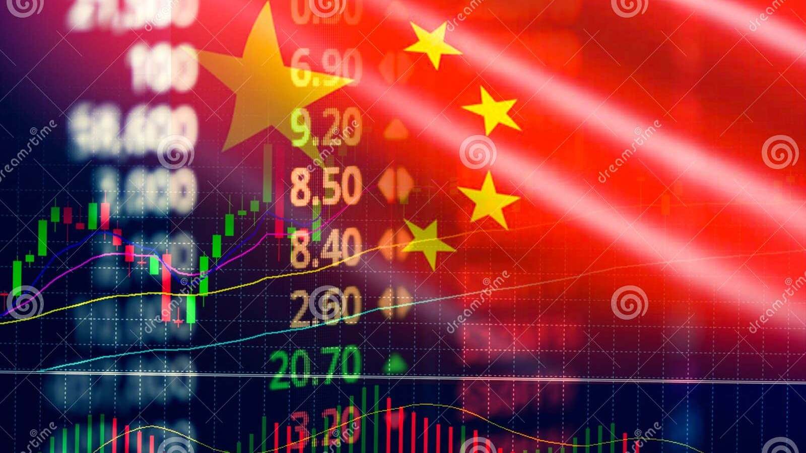 Bandera de China superpuesta con cotizaciones