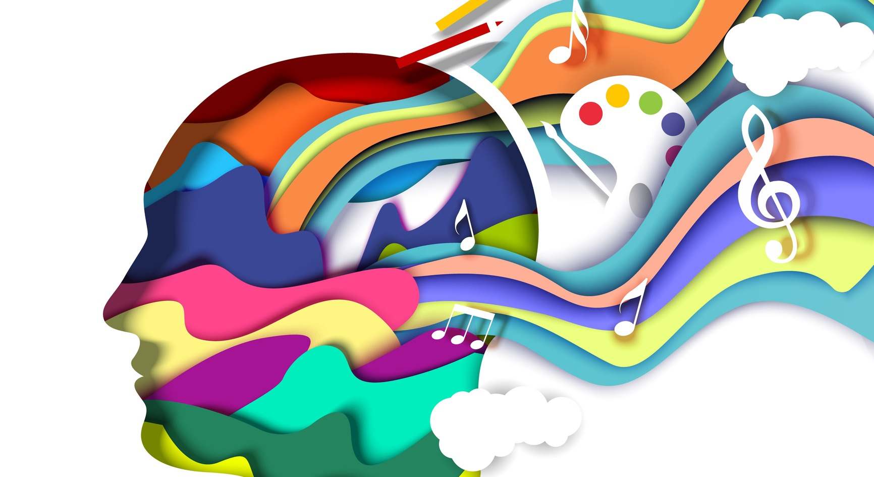 Cabeza de hombre cortada en papel con formas abstractas vibrantes, ilustración vectorial