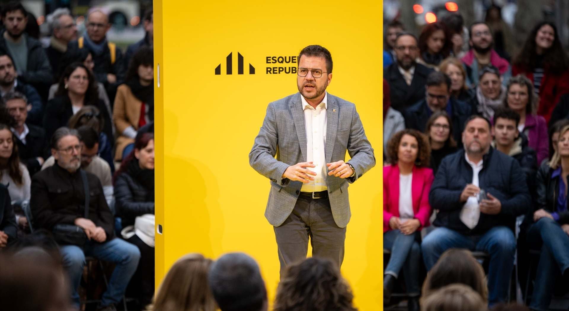 El presidente de la Generalitat y candidato de ERC a la reelección, Pere Aragonès, en el primer acto de campaña de las elecciones catalanas el 12 de mayo.