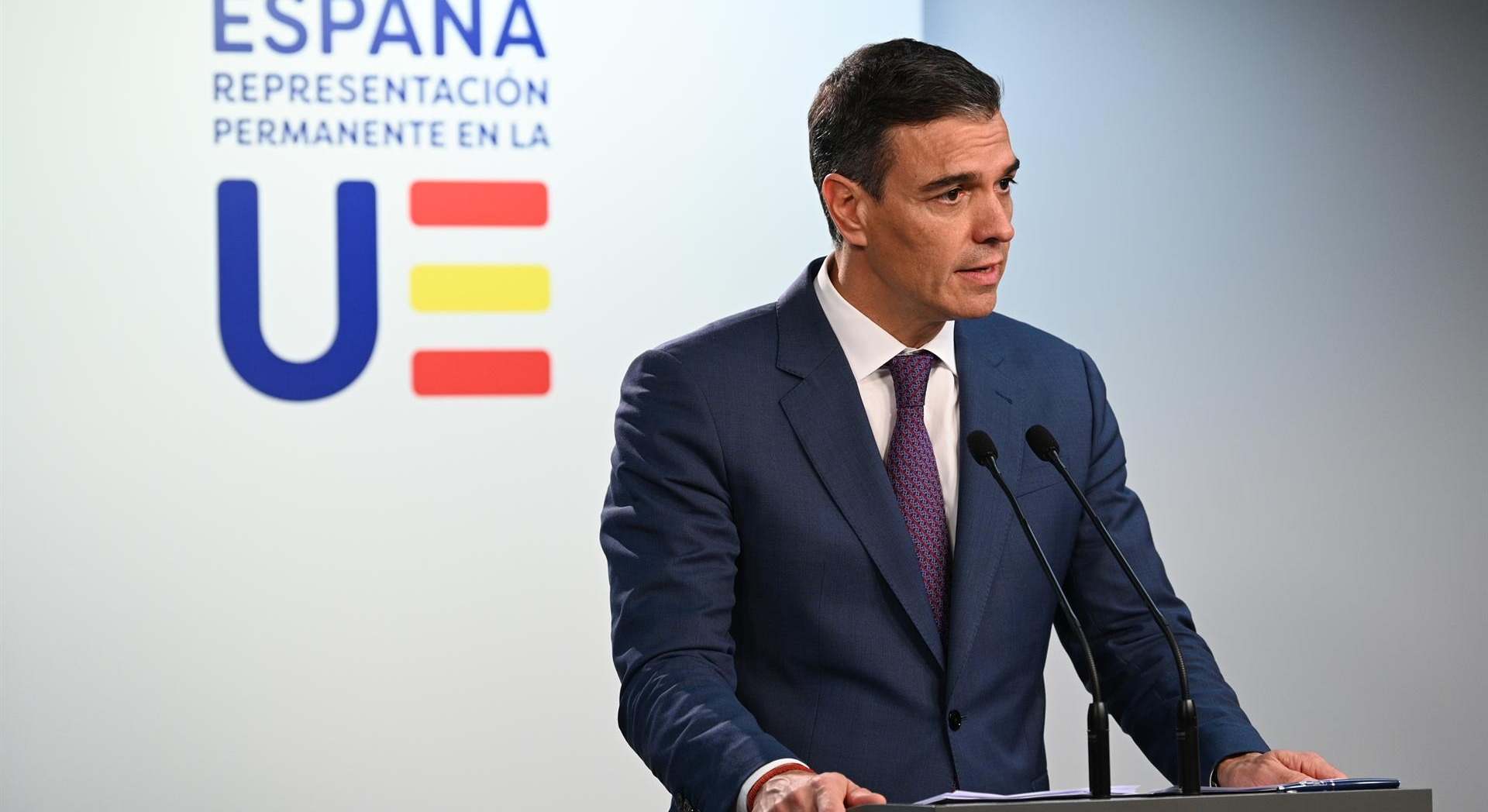 Pedro Sánchez en rueda de prensa en Bruselas. EP