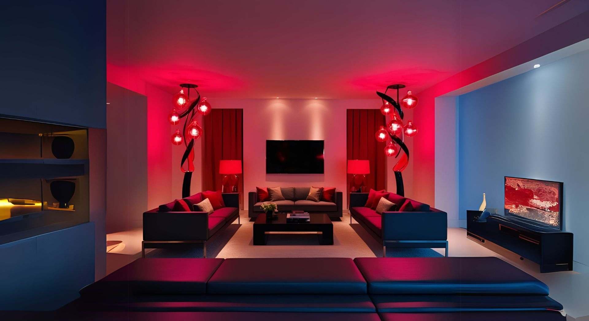 Salón con lámparas de bombillas con luz roja