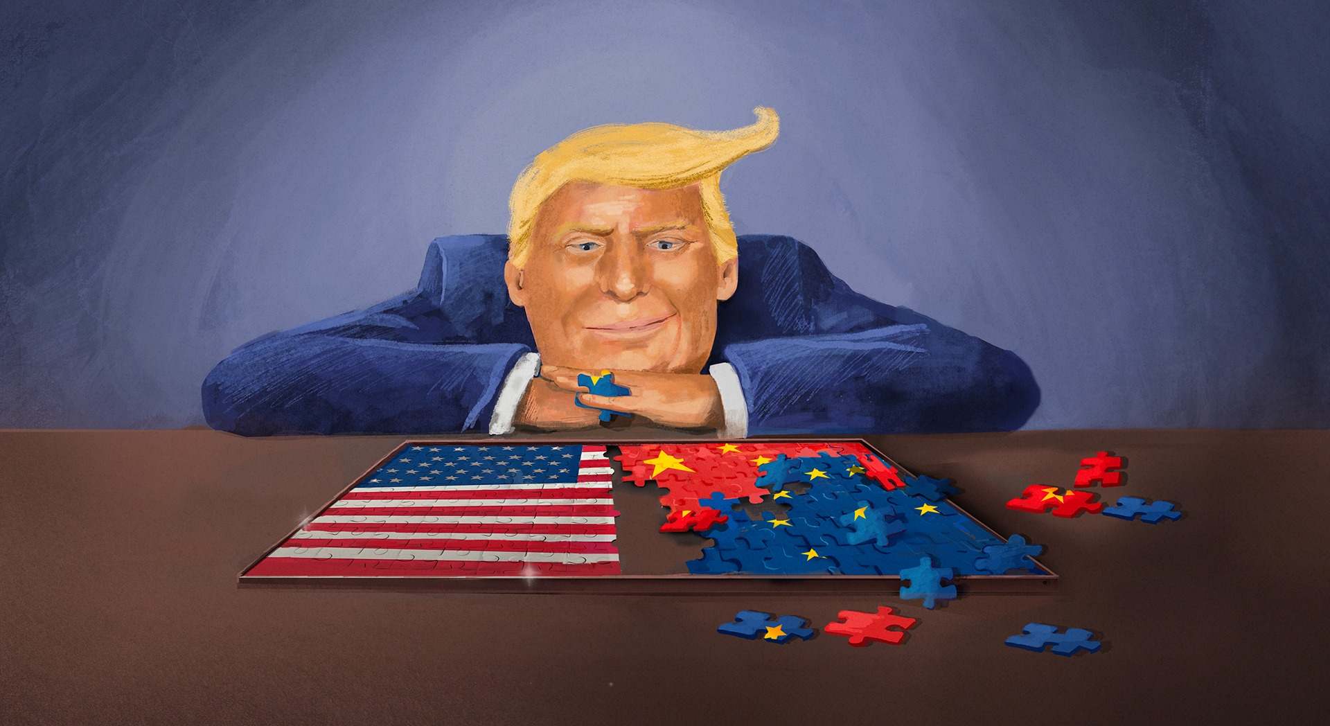 Ilustración de Donald Trump jugando con un puzle
