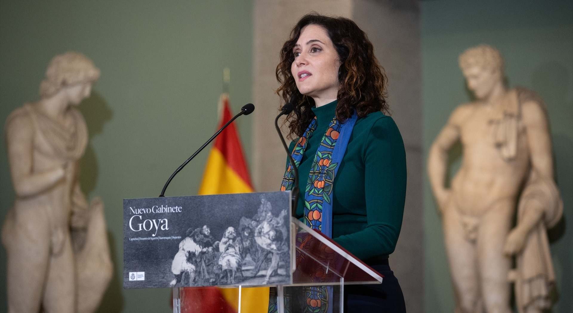 La presidenta de la Comunidad de Madrid, Isabel Díaz Ayuso, interviene durante su visita al nuevo Gabinete Goya