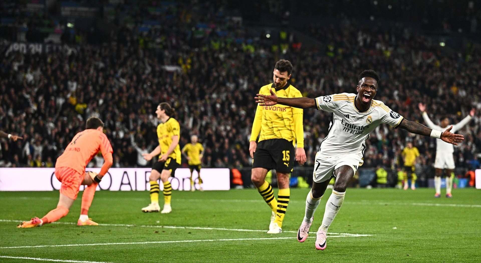 El jugador del Madrid, Vinicius, celebra un gol durante la final de la Champions 2024. EUROPA PRESS