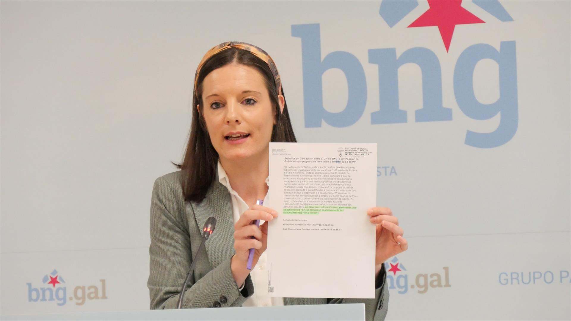 La viceportavoz del BNG Olalla Rodil en un momento de la rueda de prensa en la Cámara gallega