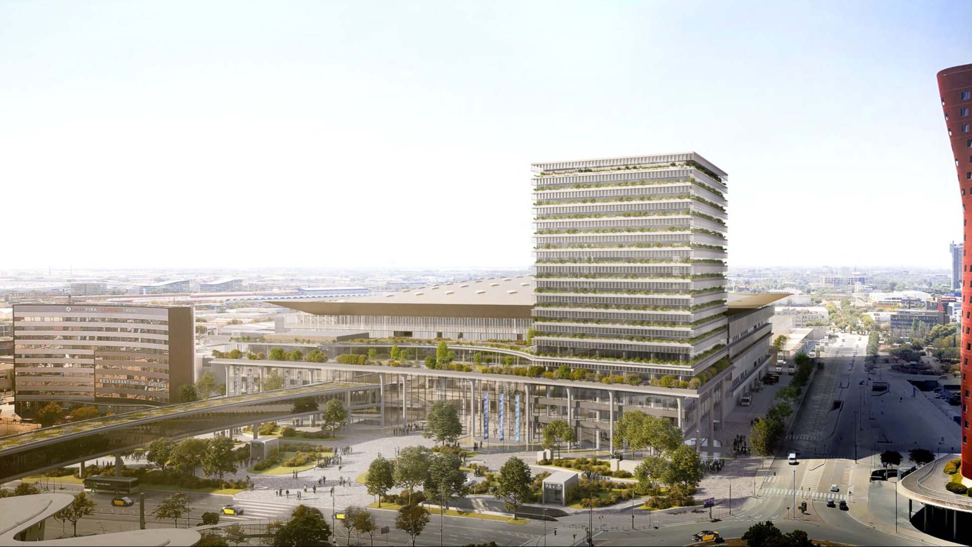 Simulación del futuro pabellón Zero de Fira Gran Via y su torre de oficinas anexa.