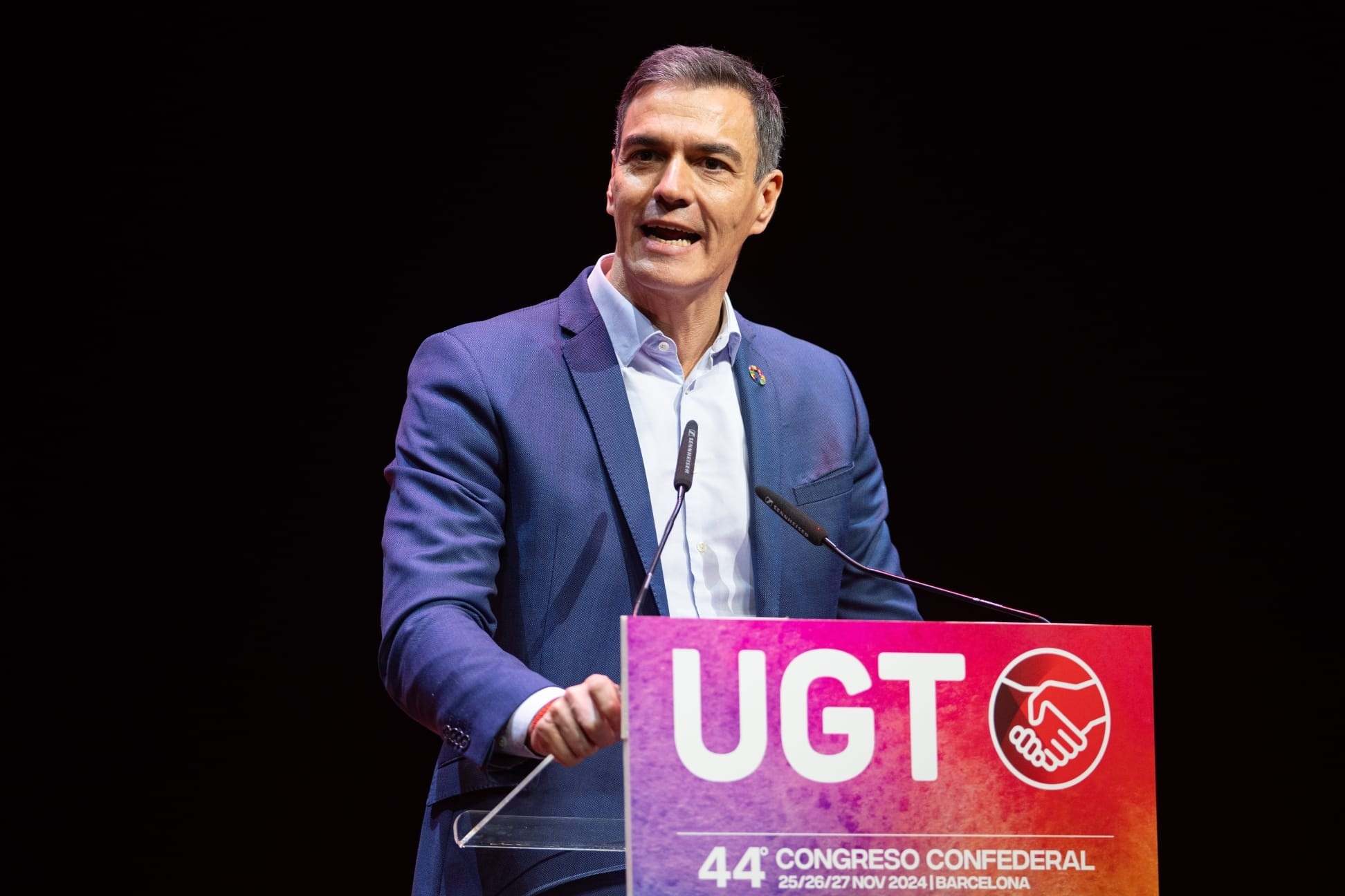 El presidente del Gobierno, Pedro Sánchez, en el 44º Congreso Confederal de UGT en Barcelona. EE
