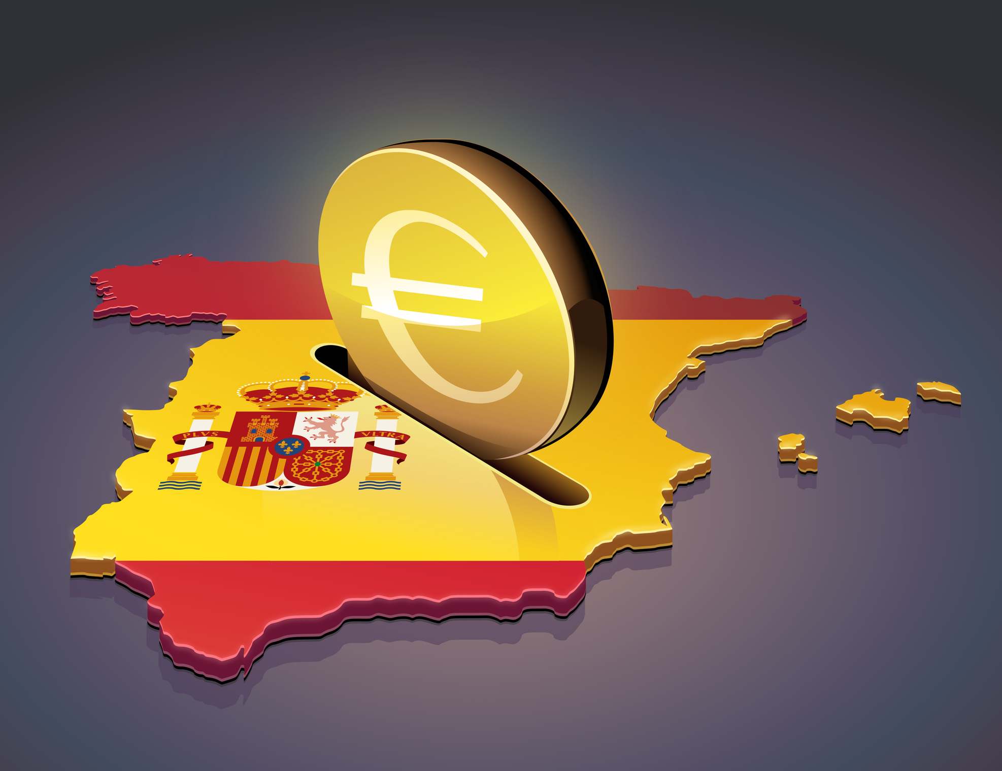 Mapa de España con los colores de la bandera nacional y una moneda de euro