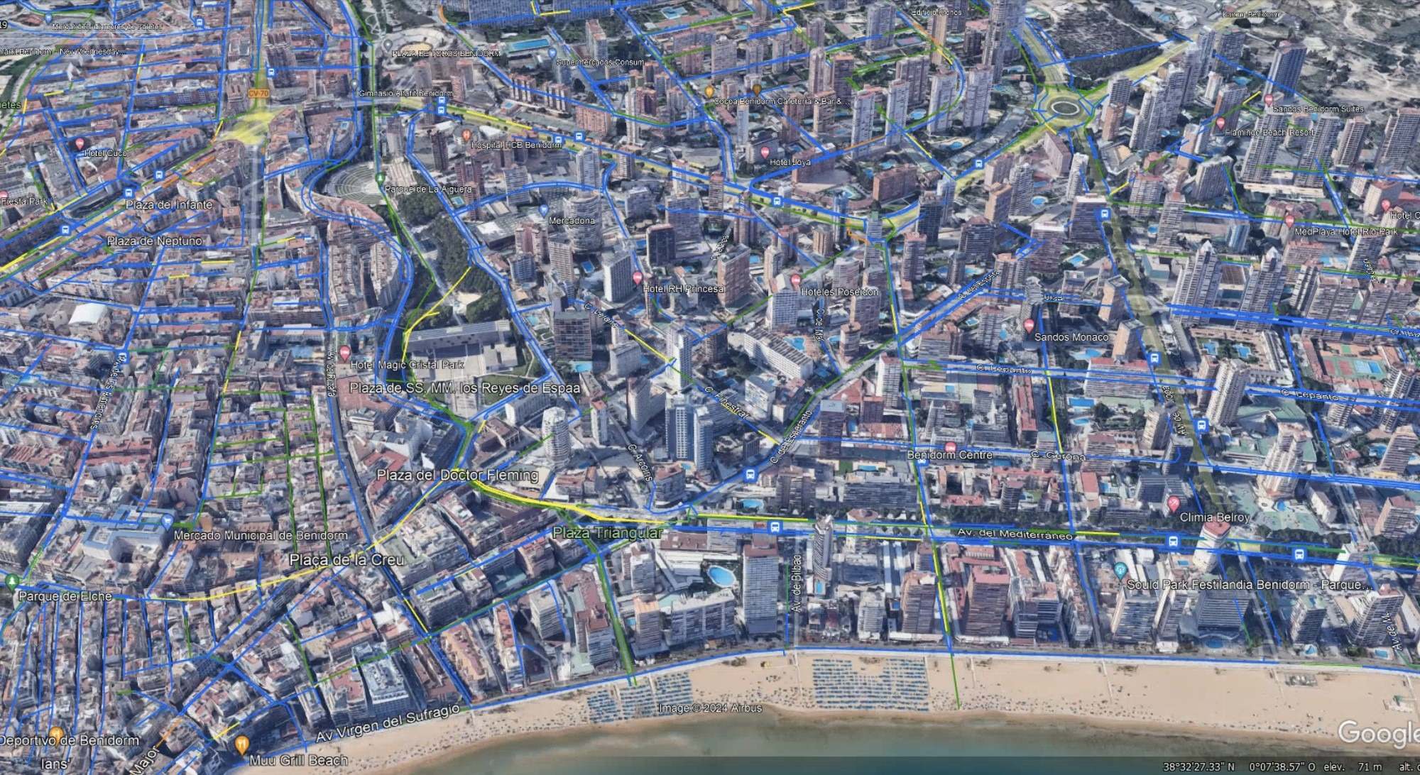 Pantalla de la aplicación con la red de la ciudad de Benidorm.