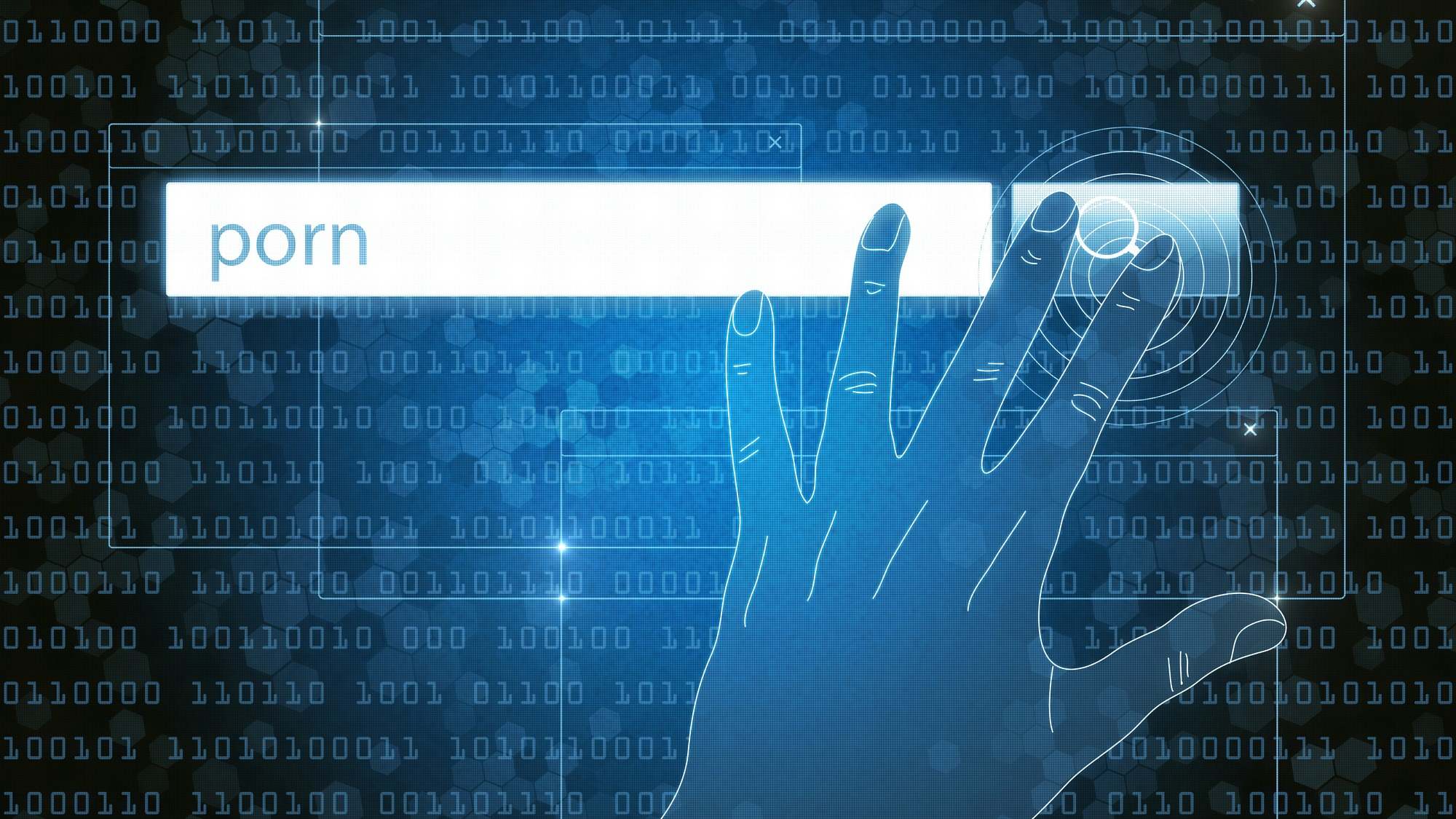 Mano virtual tocando la lupa de buscar en un motor de búsqueda