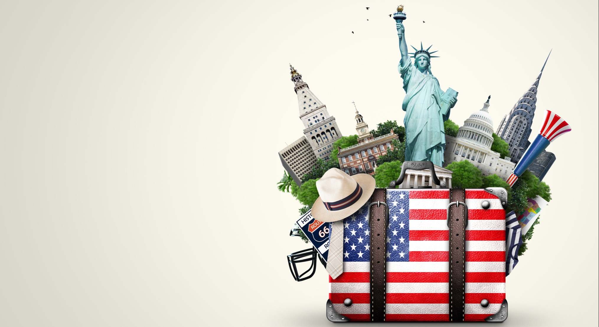 Maleta de con la bandera de Estados Unidos con monumentos del país sobre ella