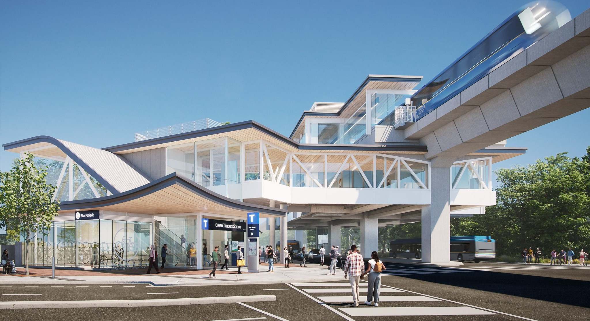 Render del proyecto Surrey Langley SkyTrain.