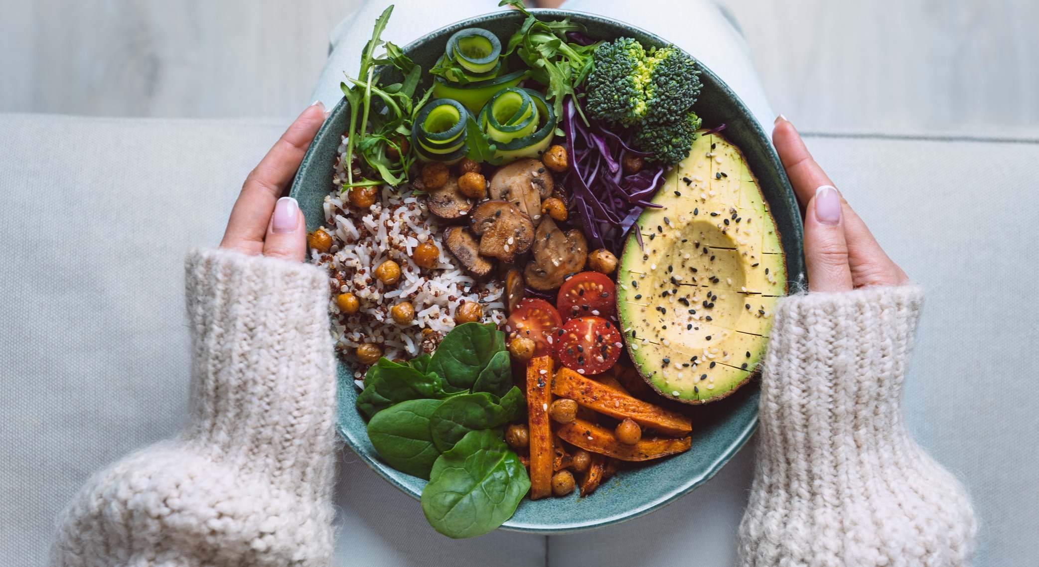 Plato de diferentes alimentos saludables entre unas manos