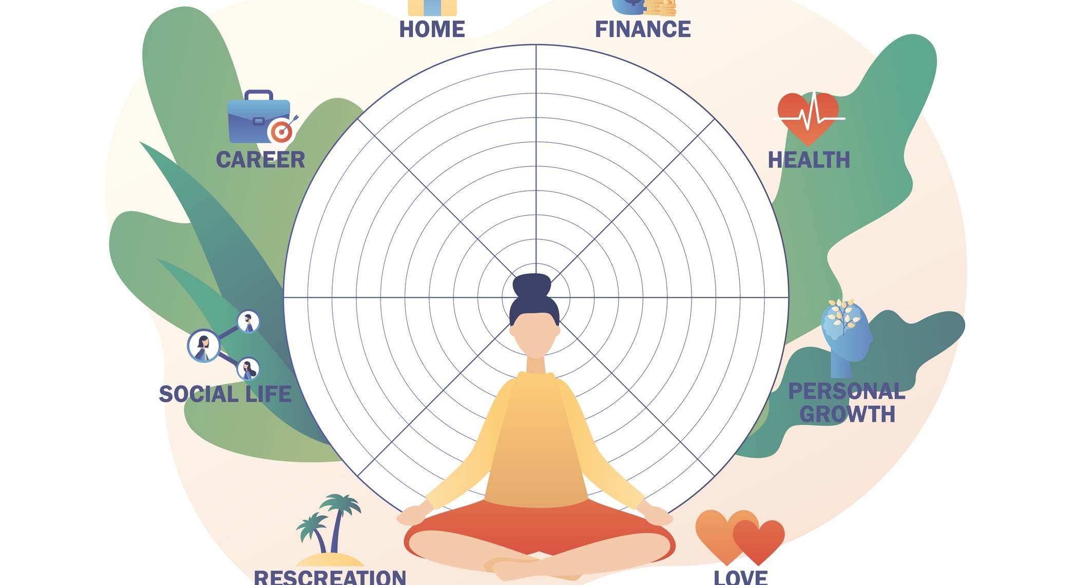 Mujer diminuta sentada en postura de loto de yoga con una ilustración vectorial sobre fondo
