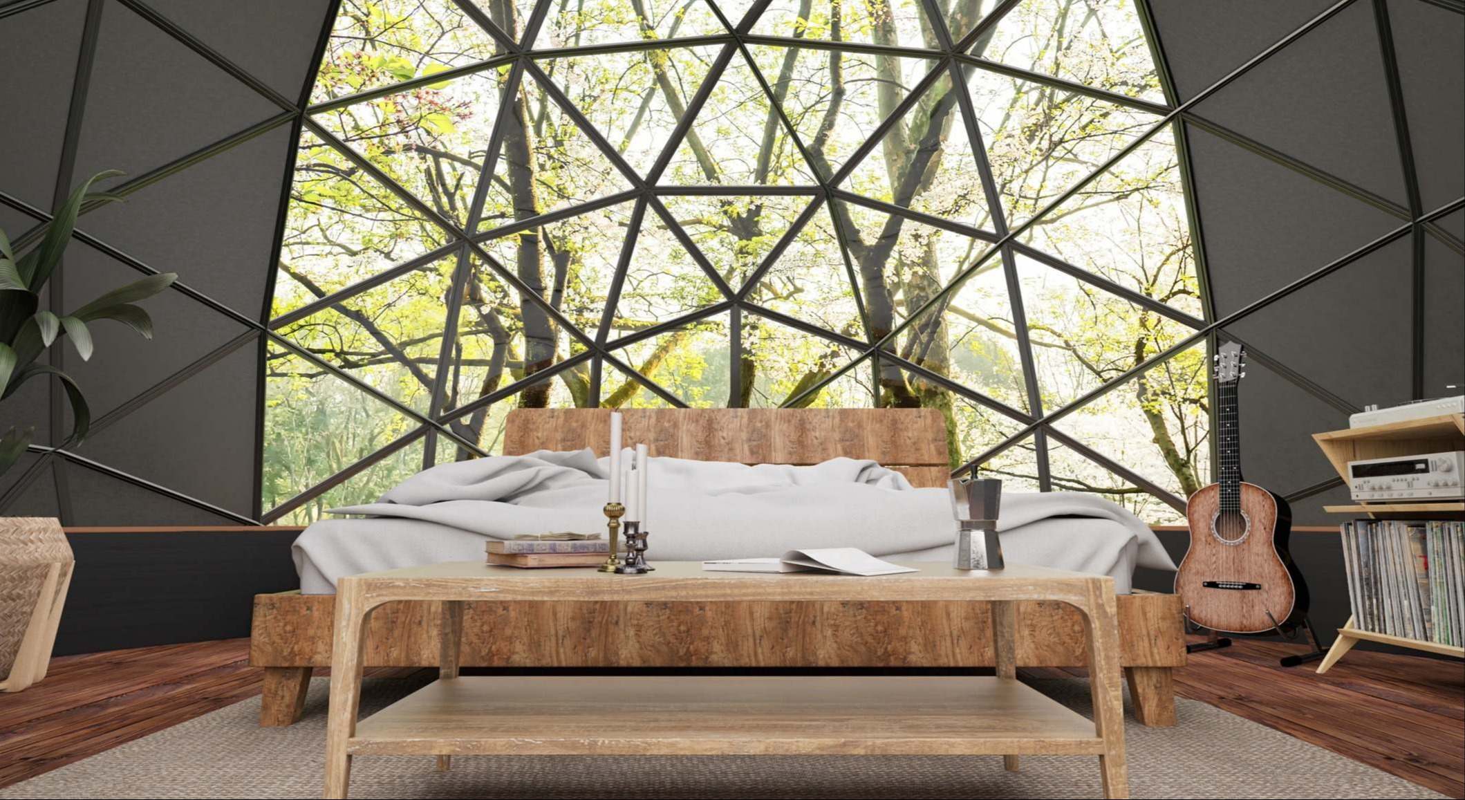 Alojamiento con cúpula geodésica, vistas al bosque y muebles de madera