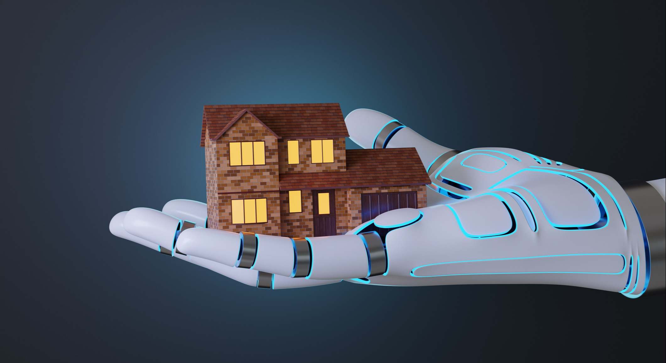 Mano robótica sosteniendo una casa de ladrillo rojo sobre fondo azul oscuro. Ilustración del concepto de inteligencia artificial en la inversión y gestión inmobiliaria