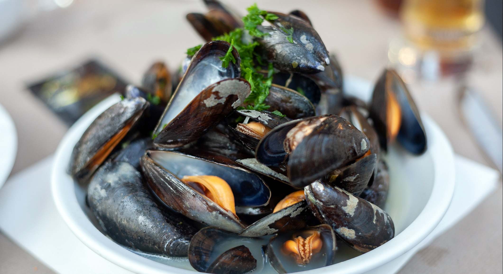 Plato con mejillones recién preparados