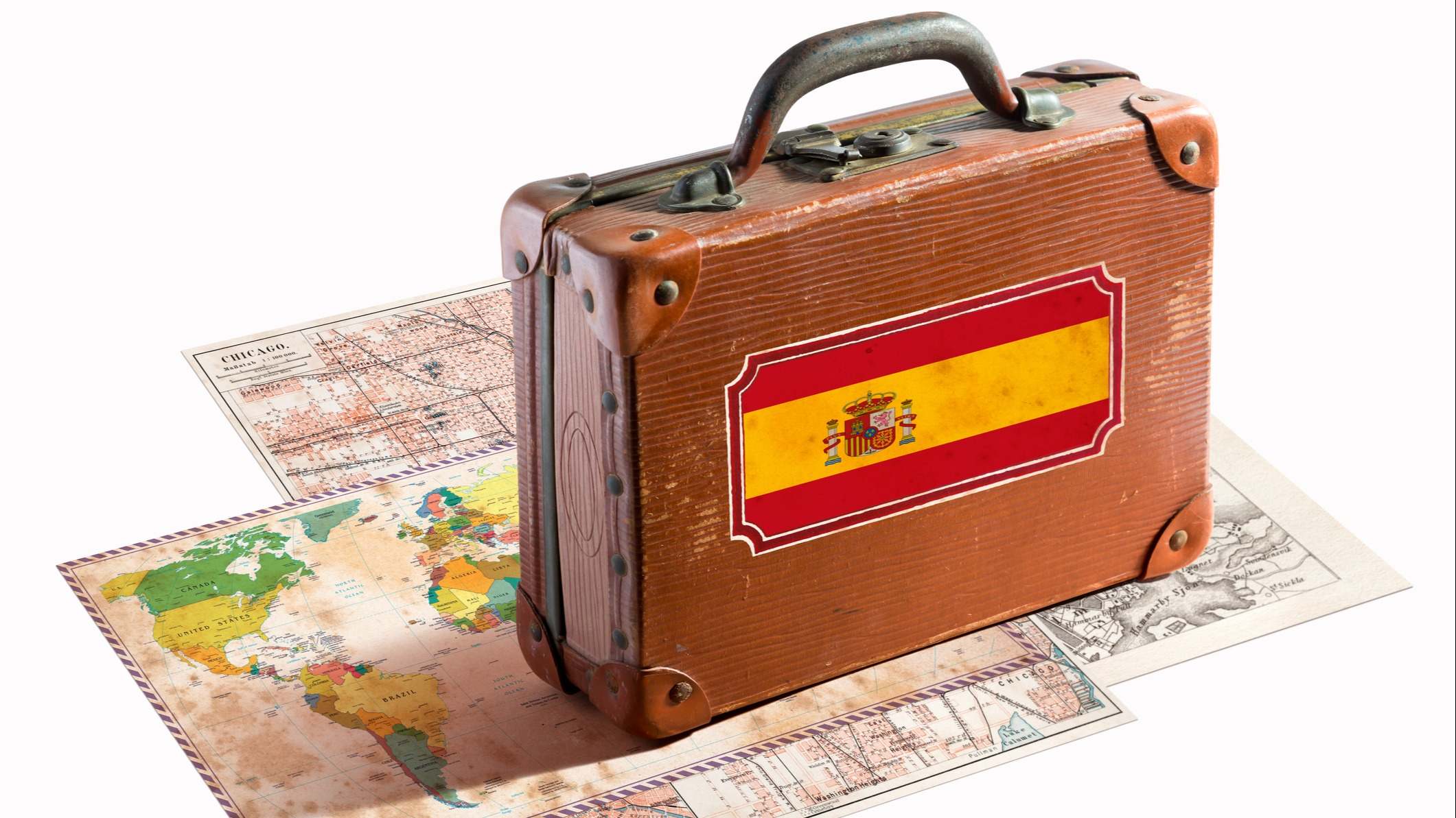 Maleta con la bandera del mapa sobre un mapa del mundo