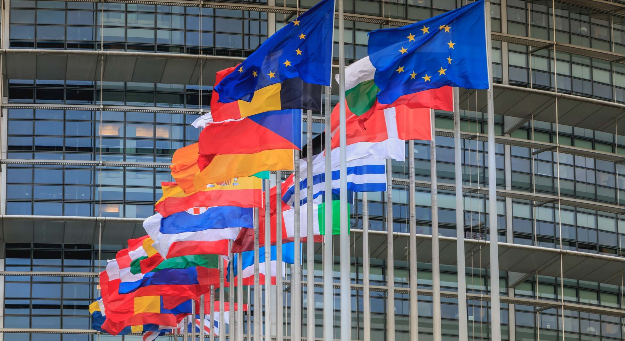 Un grupo de banderas de los miembros de la UE y de la UE