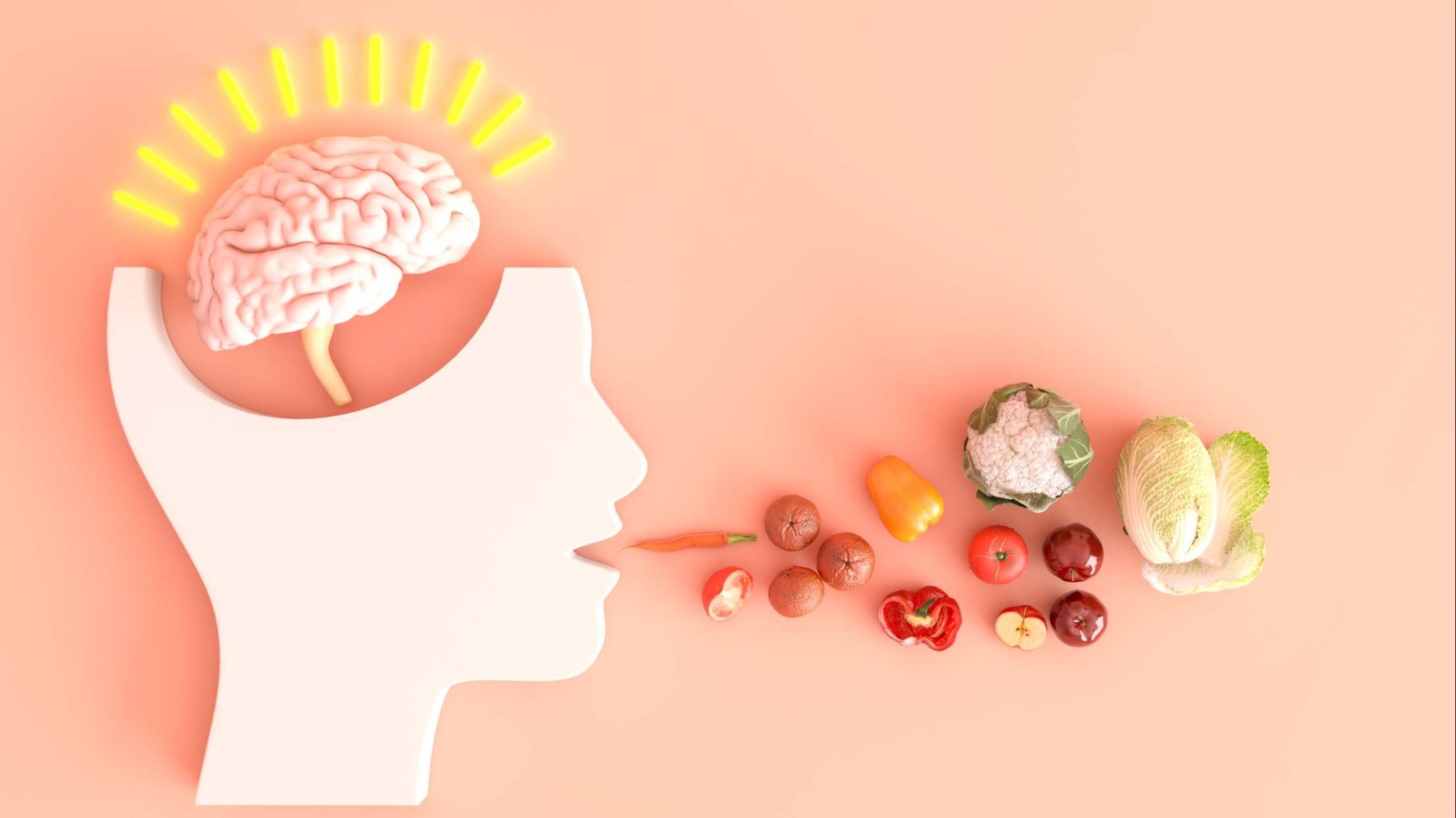 Ilustración 3D de un cerebro se ilumina al ingerir alimentos saludables