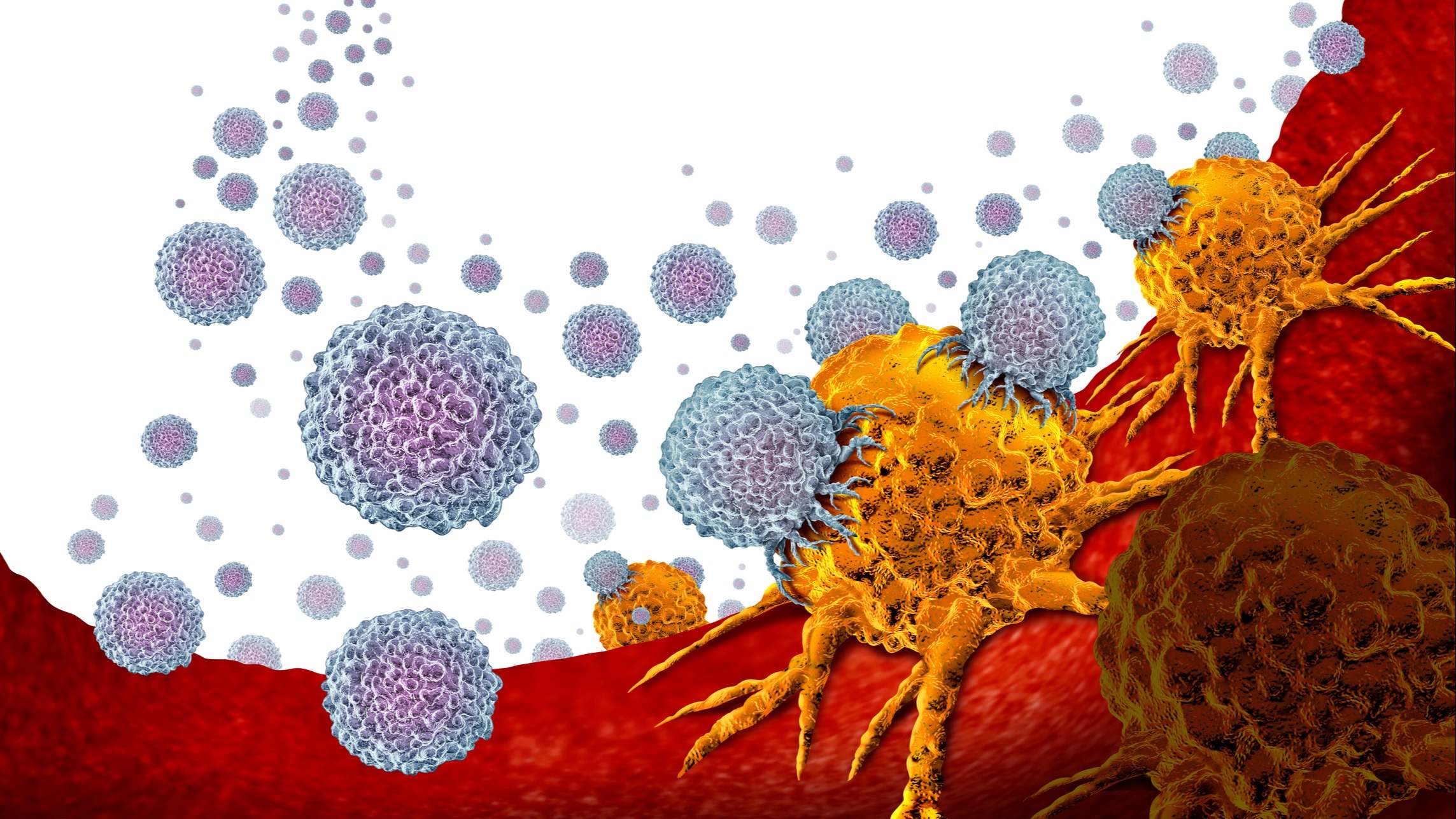 Representación de linfocitos luchando contra células cancerígenas