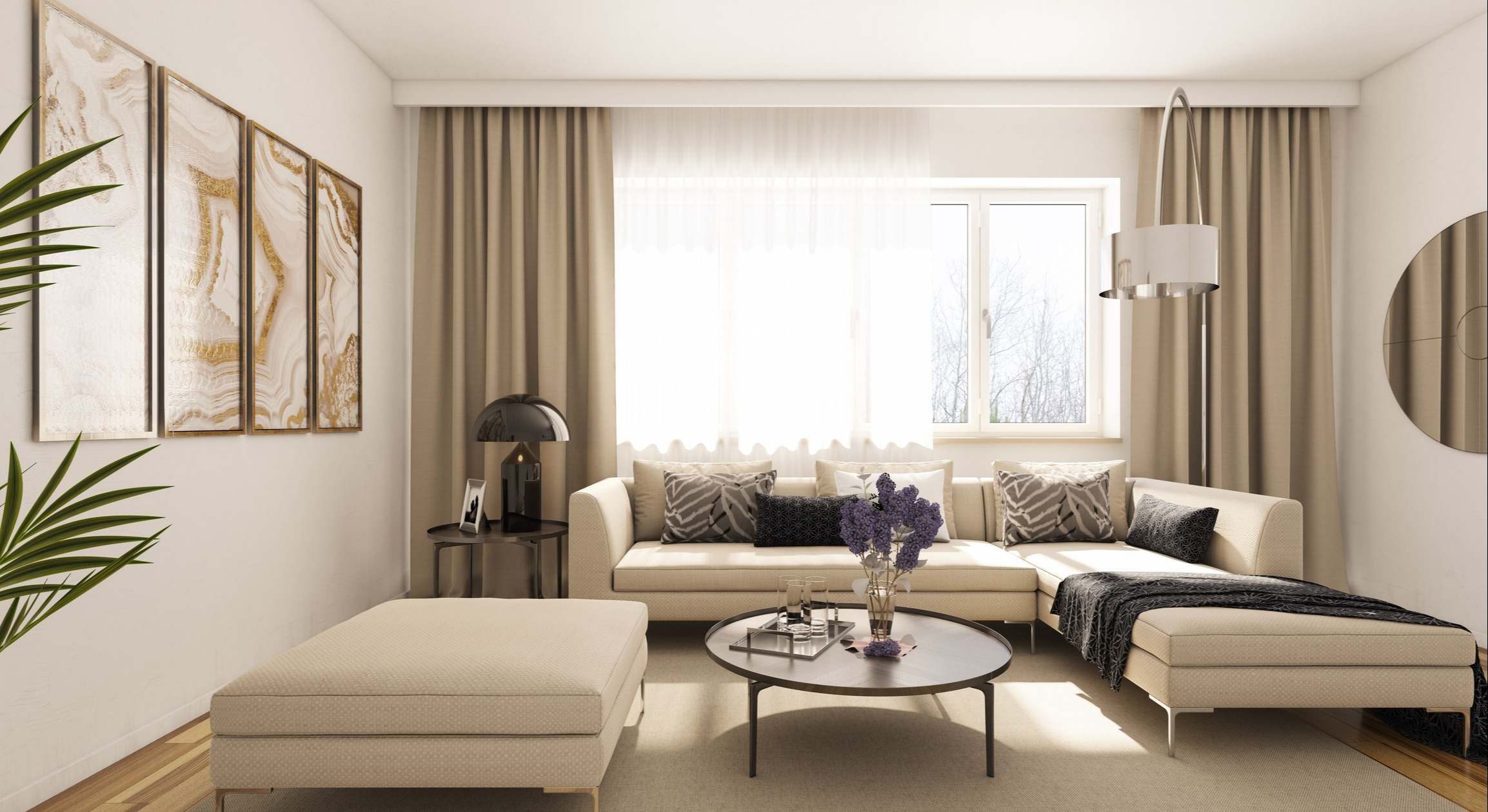 Sala de estar moderna en una casa con cortinas en los ventanales. / Foto: iStock