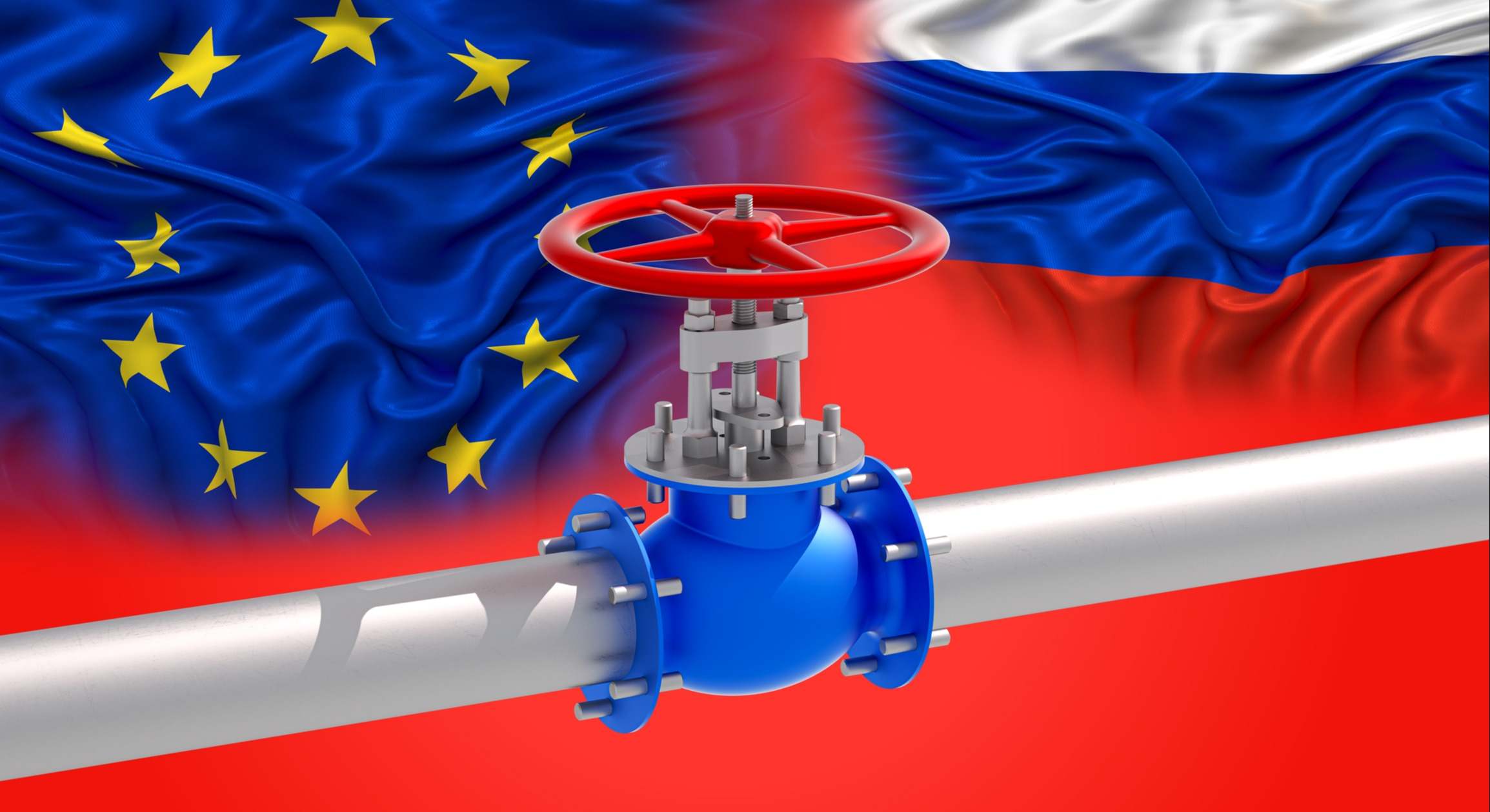 Una bandera de Europa enfrentada con una de Rusia con un gaseoducto de por medio