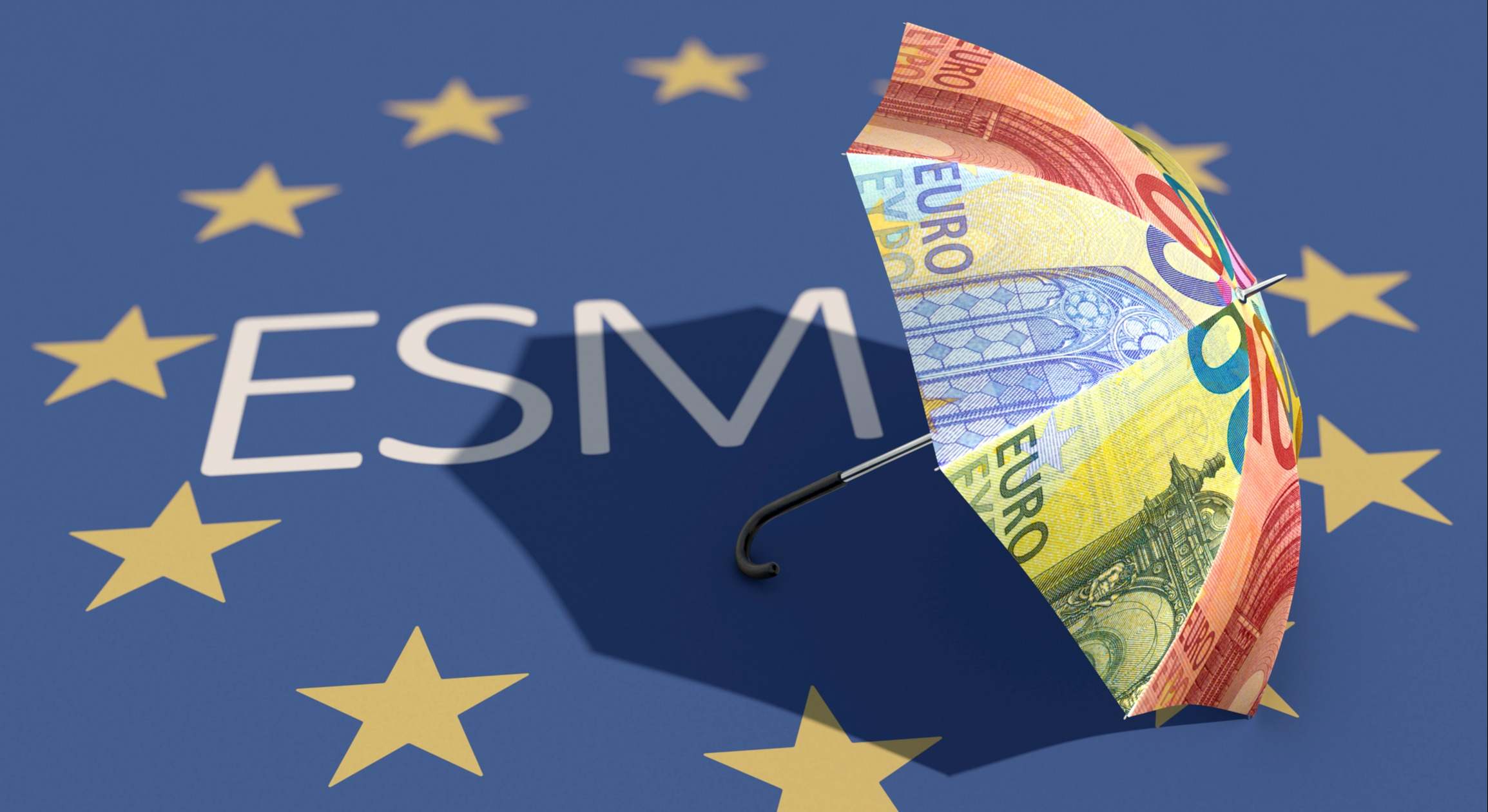 Un paraguas con euros tapa el logo del ESM