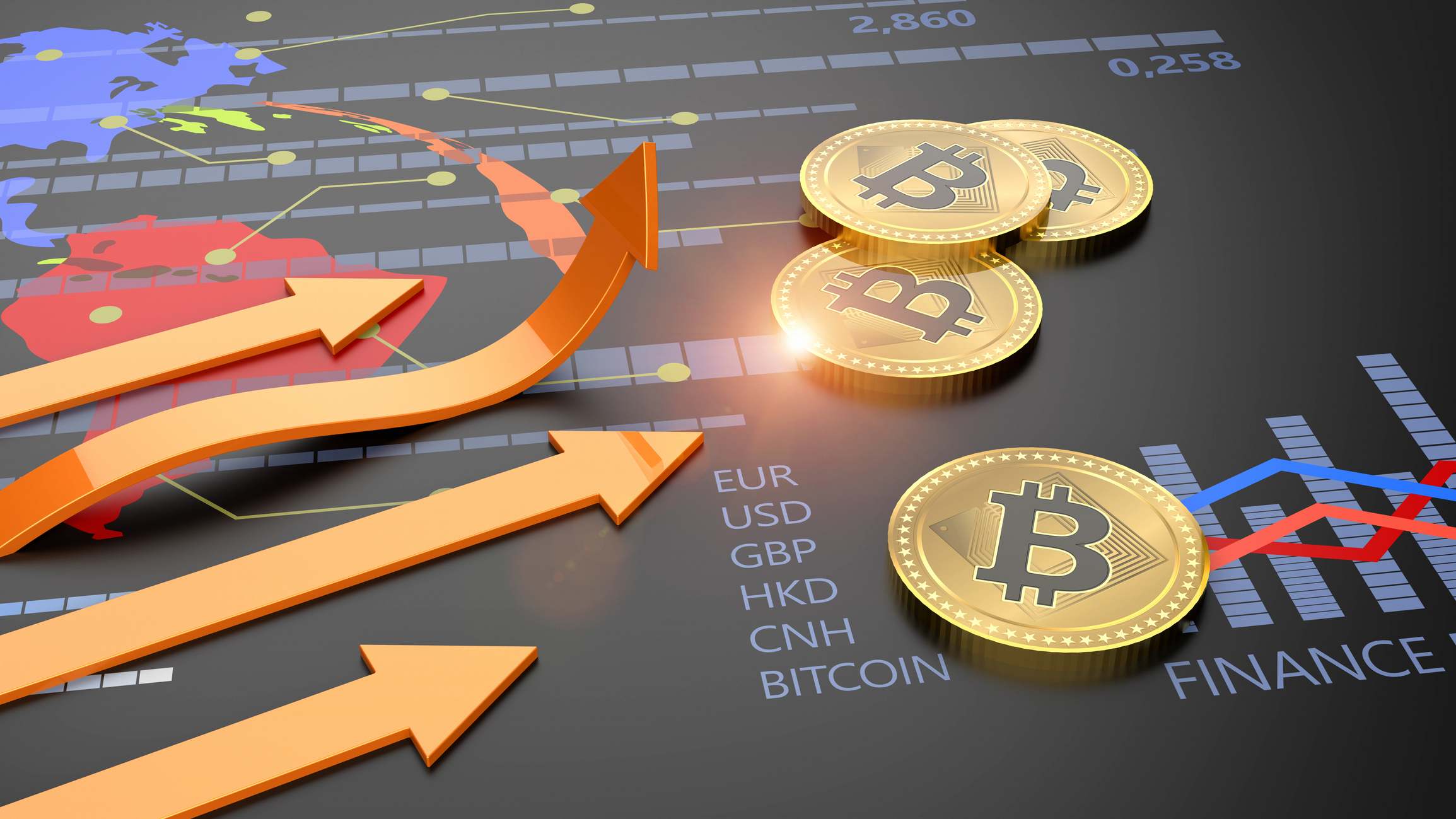 Flechas que se dirigen a monedas de bitocoin