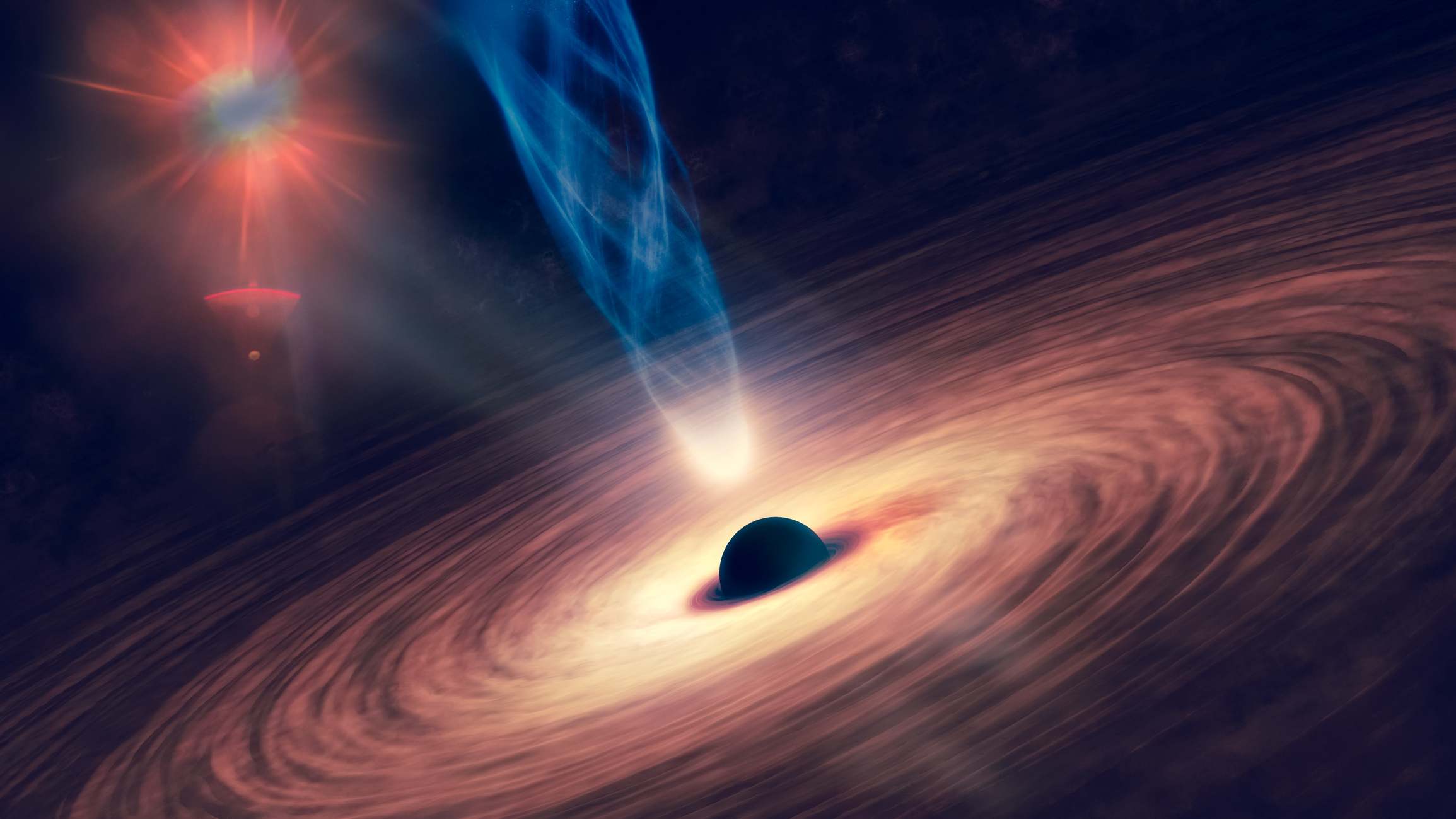 Agujero negro con nebulosa sobre coloridas estrellas y campos de nube en el espacio ultraterrestre