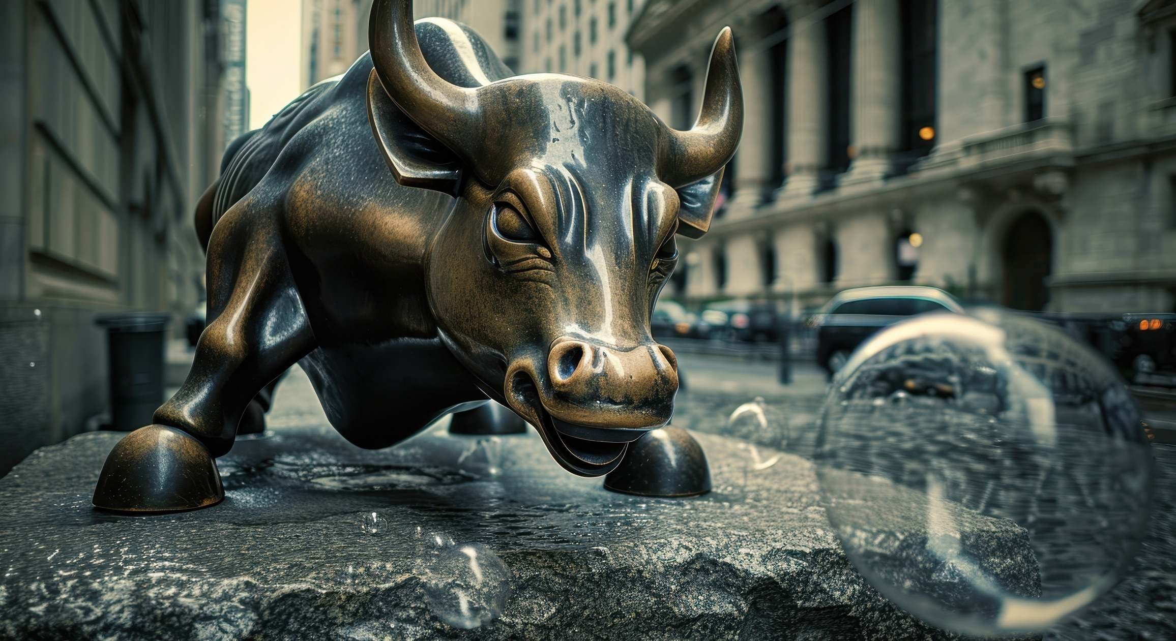 Una burbuja frente a la estatua del toro en la bolsa de EEUU