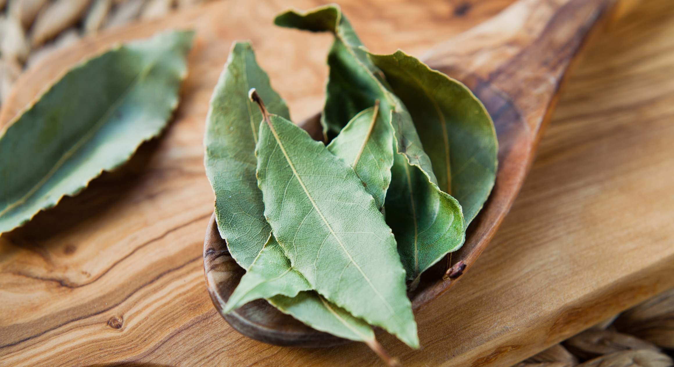 Hojas de laurel seco sobre una cuchara de madera
