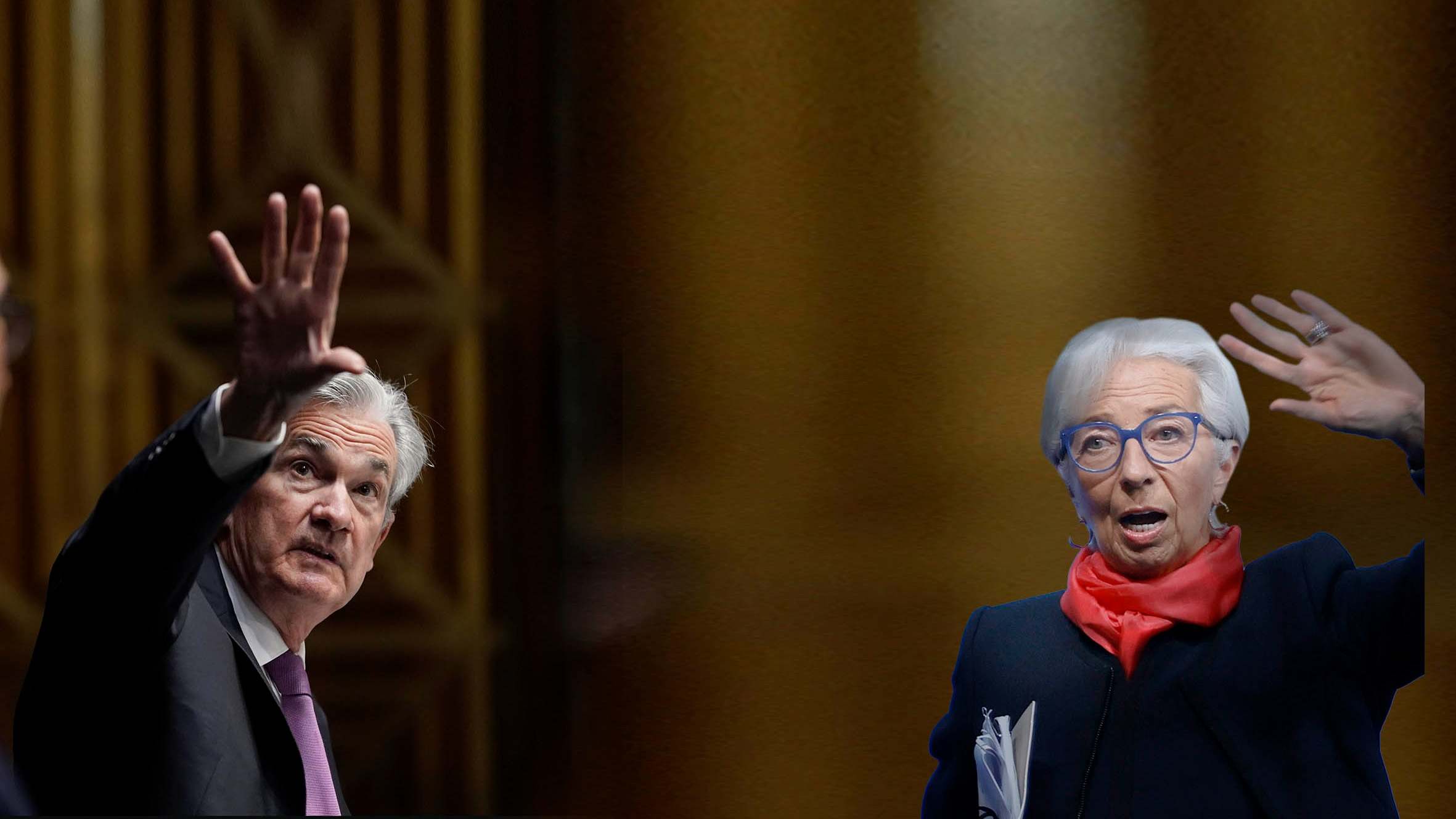 Jerome Powell y Christine Lagarde hablan con las manos extendidas