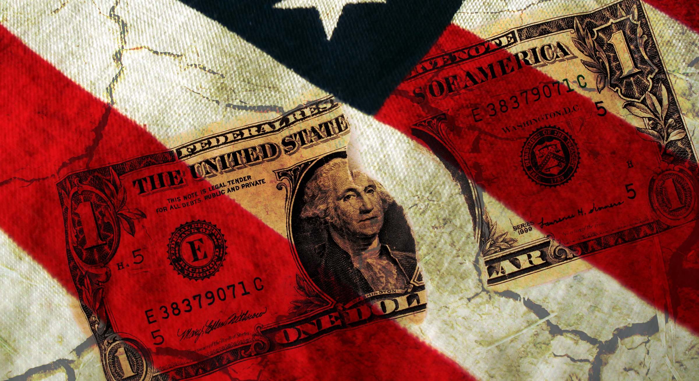 Billete de dólar y bandera de EEUU