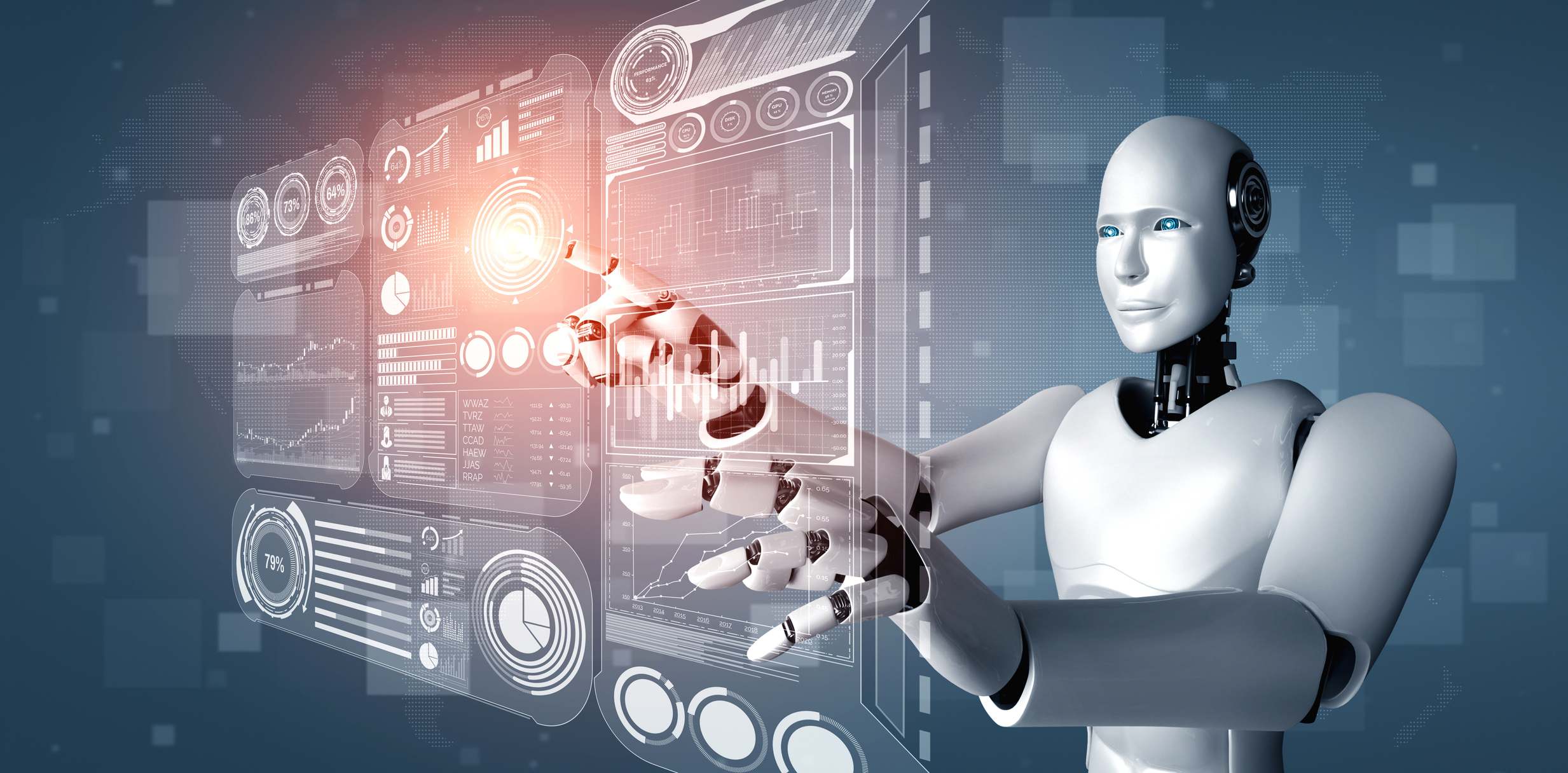 Un robot humanoide señala paneles en una pantalla