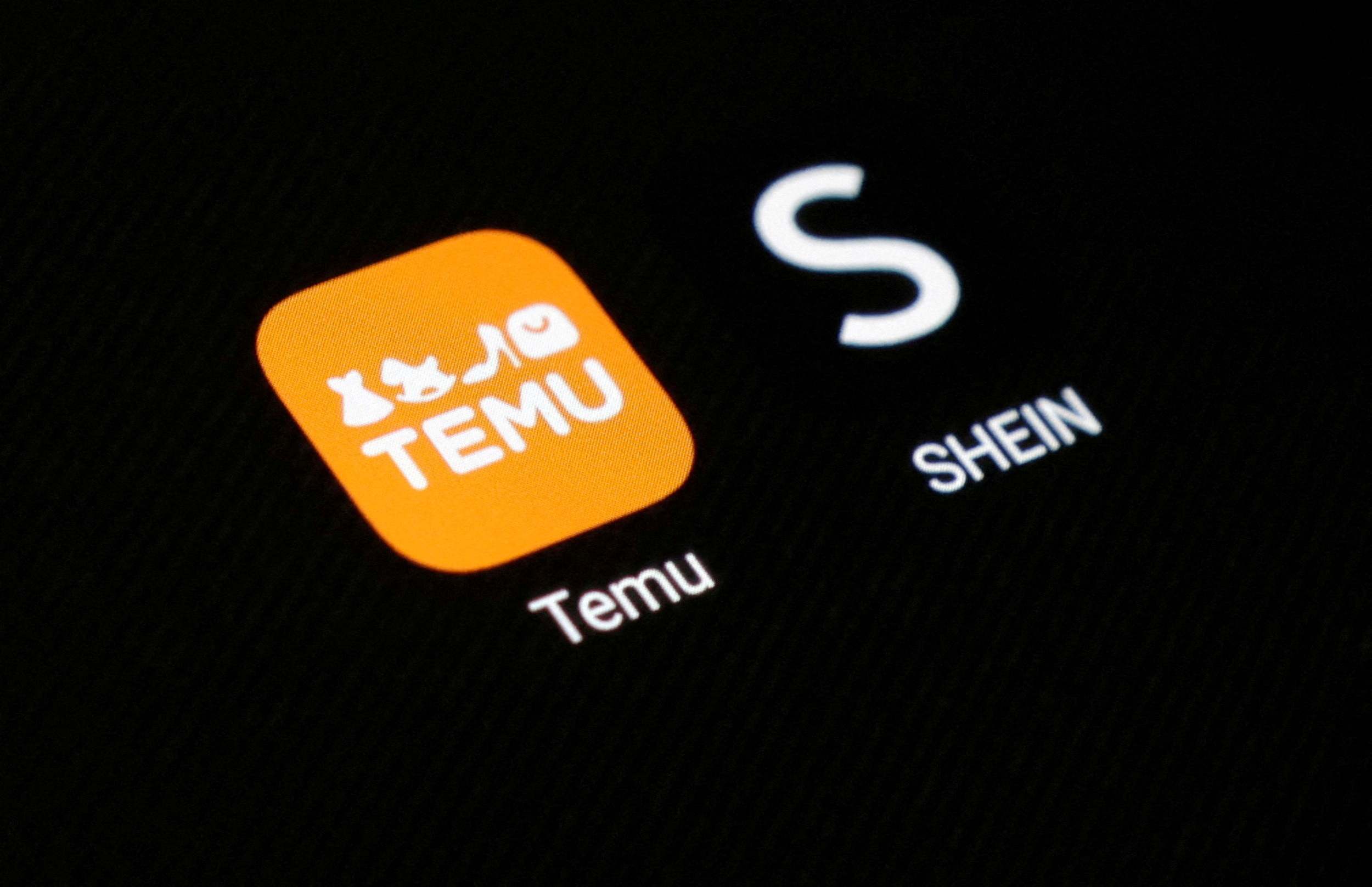 Vista de los logotipos de las plataformas de comercio electrónico, Temu y Shein.