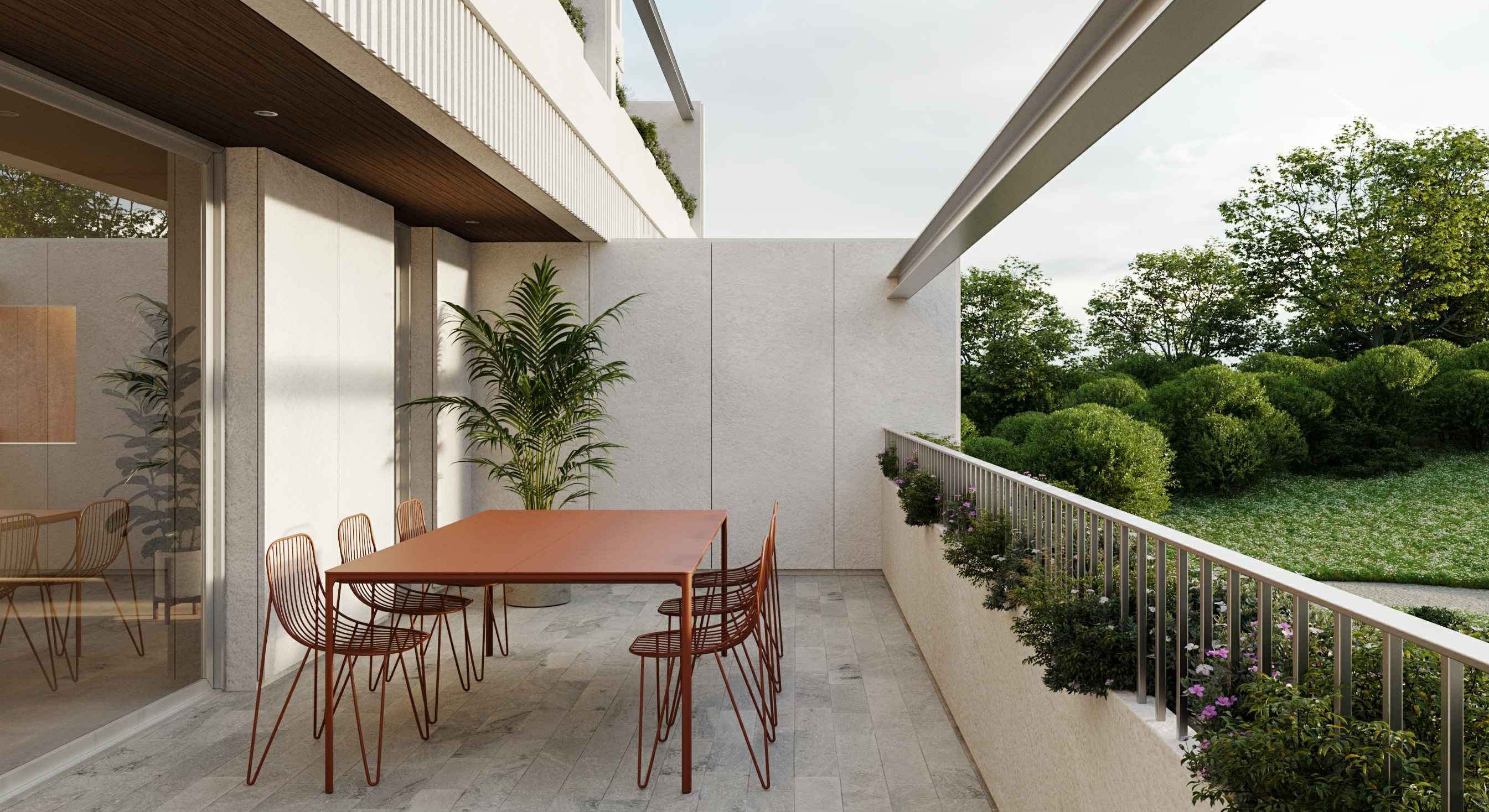 Infografía provisional de la terraza de una vivienda de la promoción Galdia de Aedas Homes en El Sardinero