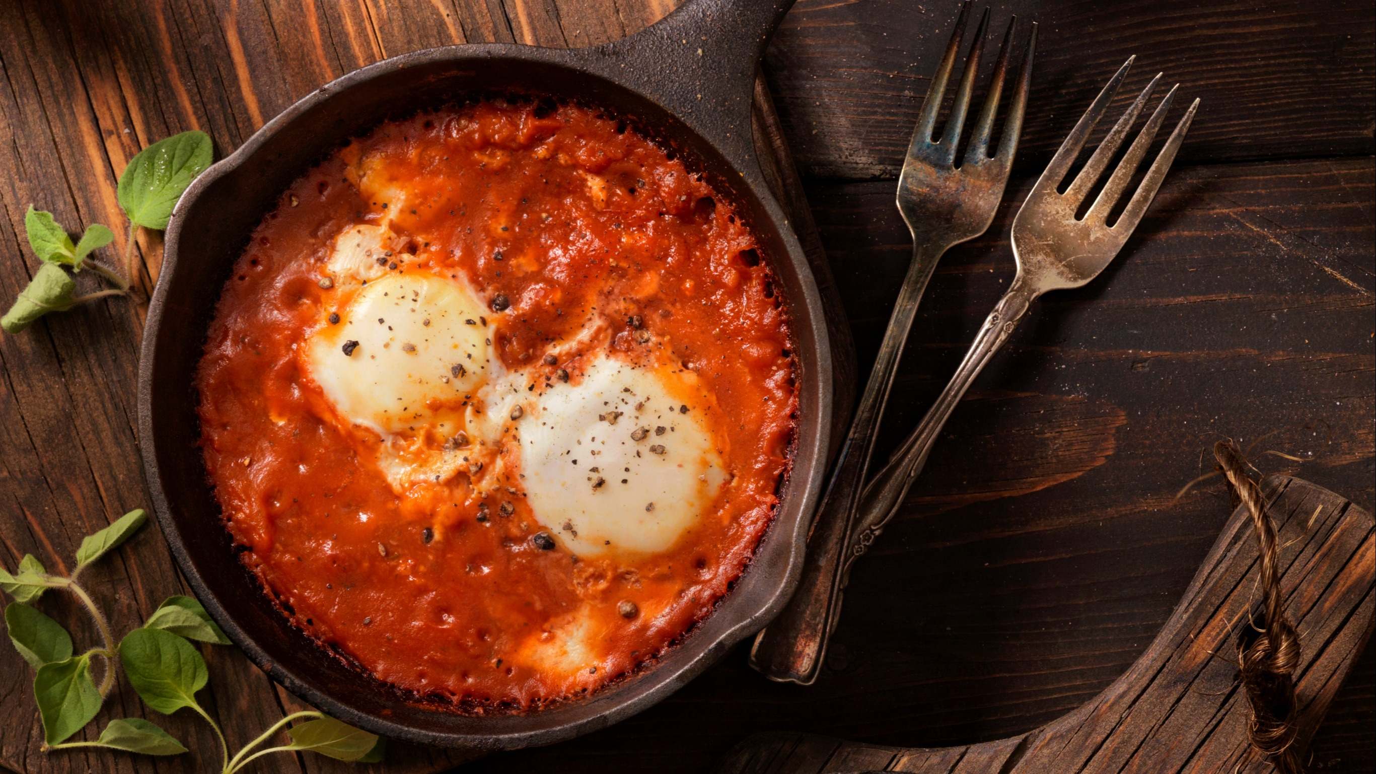 Plato de huevos al horno a los dos quesos en una cazuela encima de una mesa de madera