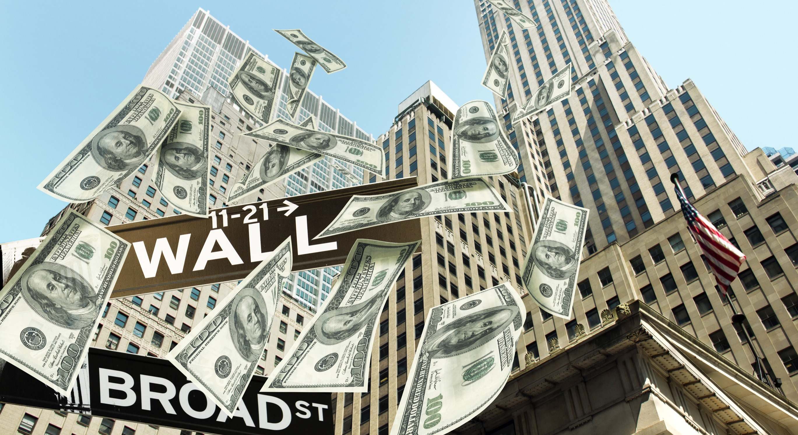 Cartel de Wall Street con billetes cayendo